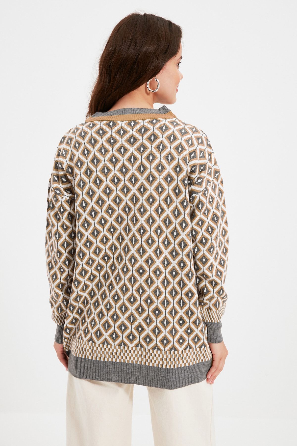 Trendyol Modest-Šedý žakárový knoflík s detailním úpletem Cardigan TCTAW22TH0013 6