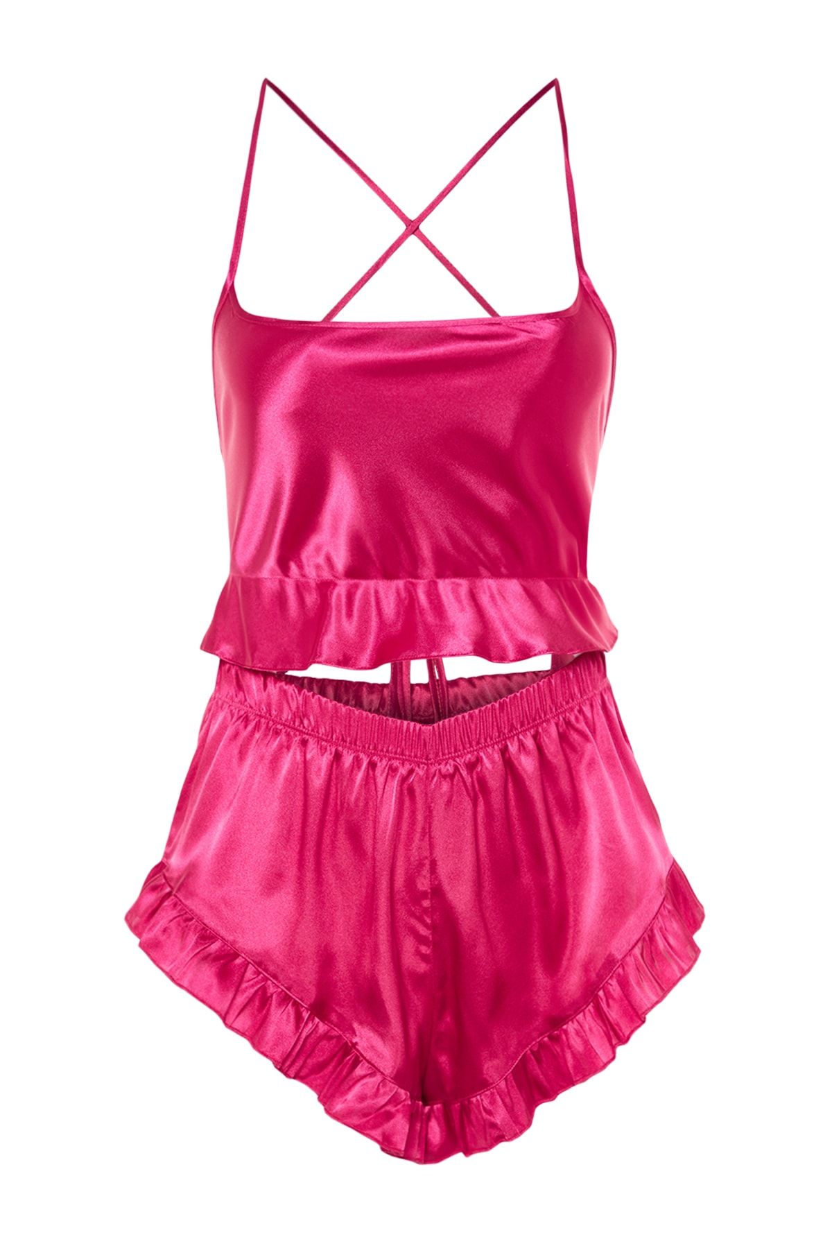 Trendyol Collection-Gewebtes Pyjama-Set mit Fuchsia-Rüschen und Satin-Shorts mit Rüschenträgern auf der Rückseite THMSS23PT00048 9
