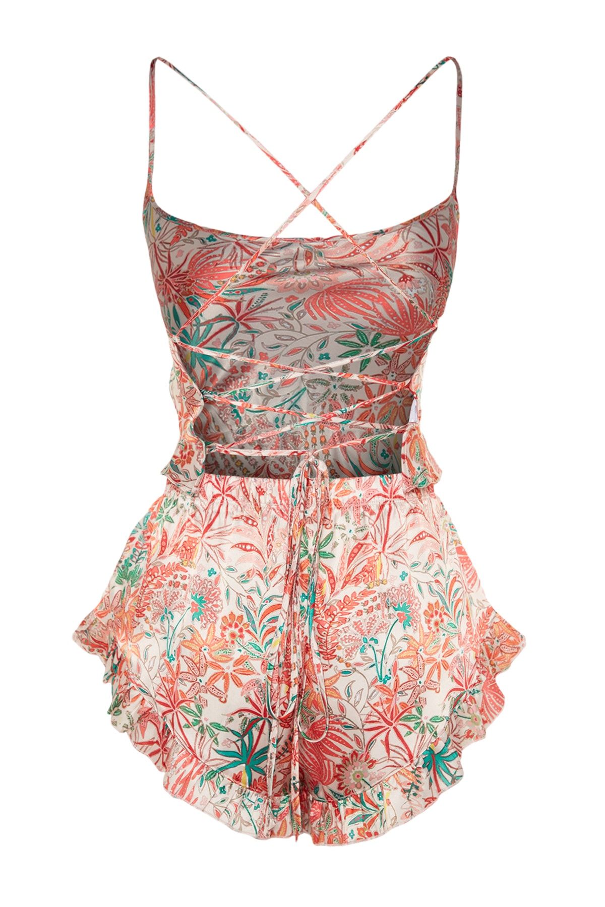 Trendyol Collection-Woven Pajamas Set with Multicolor Floral Ruffles and Back String Satin Shorts Thmss23Pt00048 11