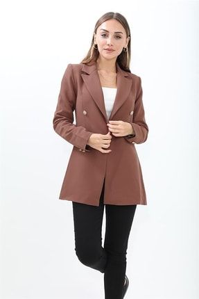 Omuzları Vatkalı Önü Çıtçıtlı Atlas Kumaş Kadın Blazer Ceket - Kahve 202137420