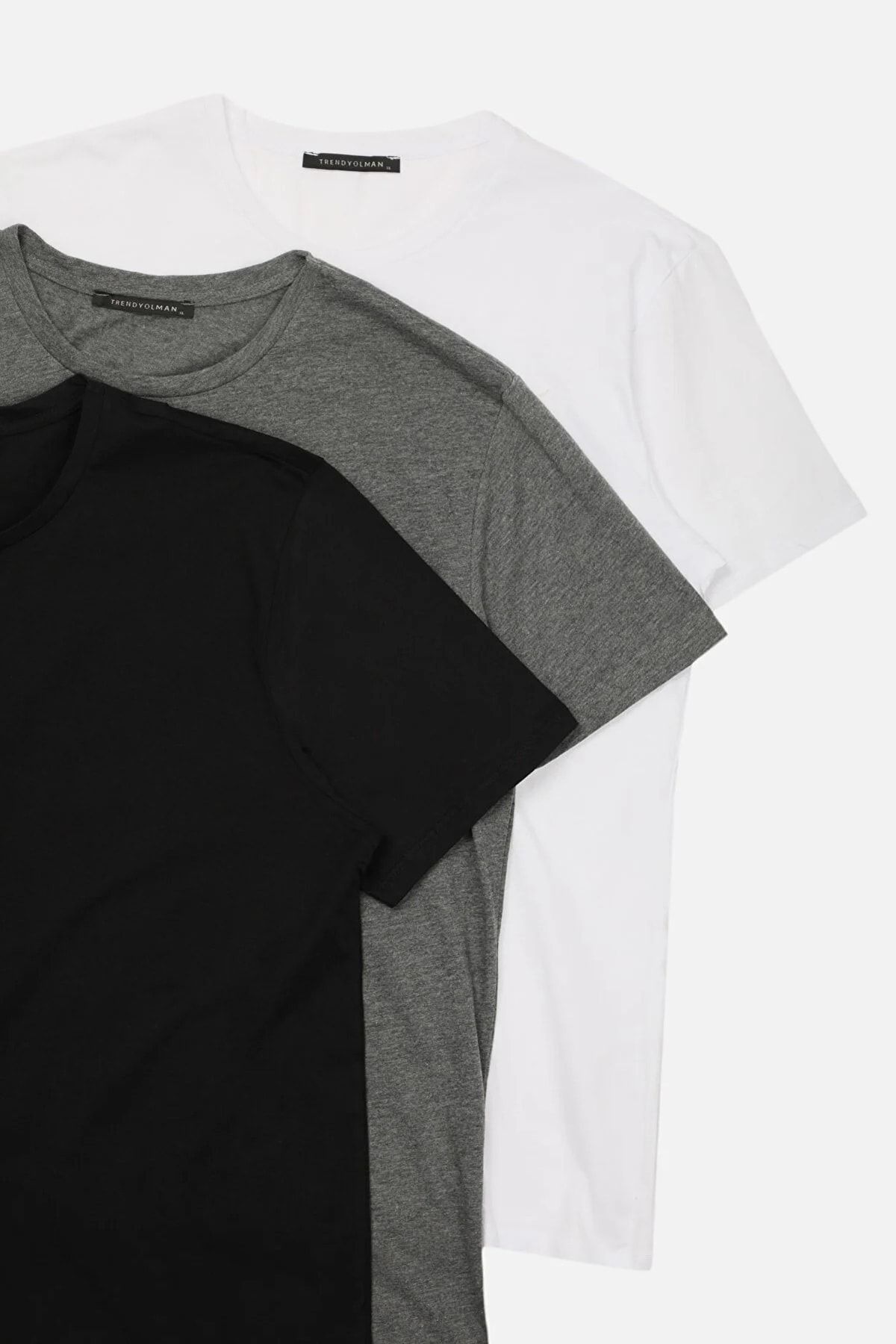 Trendyol Collection-Czarno-antracytowy melanż-biały T-shirt z okrągłym dekoltem, dopasowany/wąski krój, 100% bawełny, 3 sztuki Tmnss19Bo0007 4