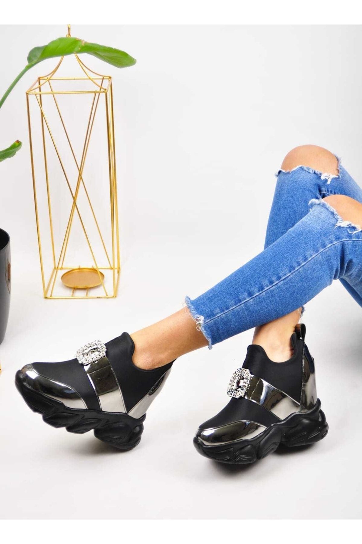 Lady Women s Sports Shoes with Stone Front Wedge Heels Trendyol