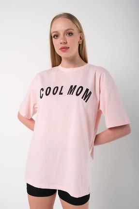 Kadın Cool Mom Baskılı Pudra Pembe Oversize Tshirt TS-COOLMOM