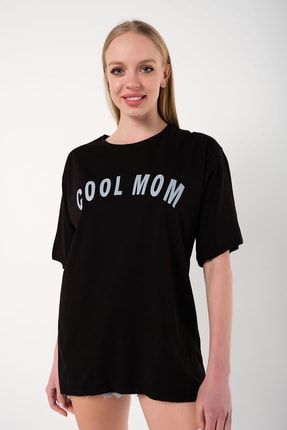 Kadın Cool Mom Baskılı Siyah Oversize Tshirt TS-COOLMOM