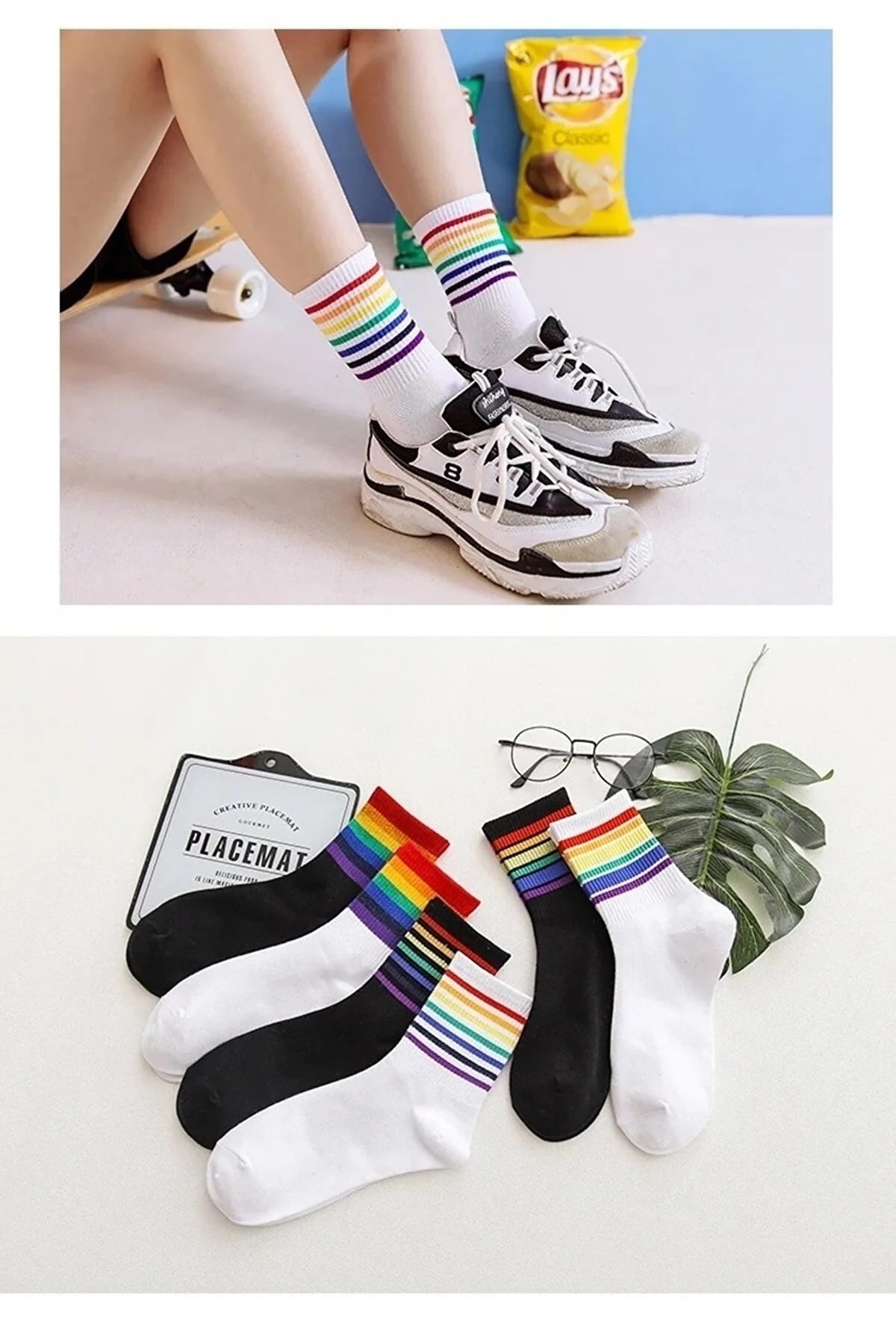 Meguca Socks Unisex Renkli Gökkuşağı Çember Desenli Kolej Çorap Seti 6 Çift