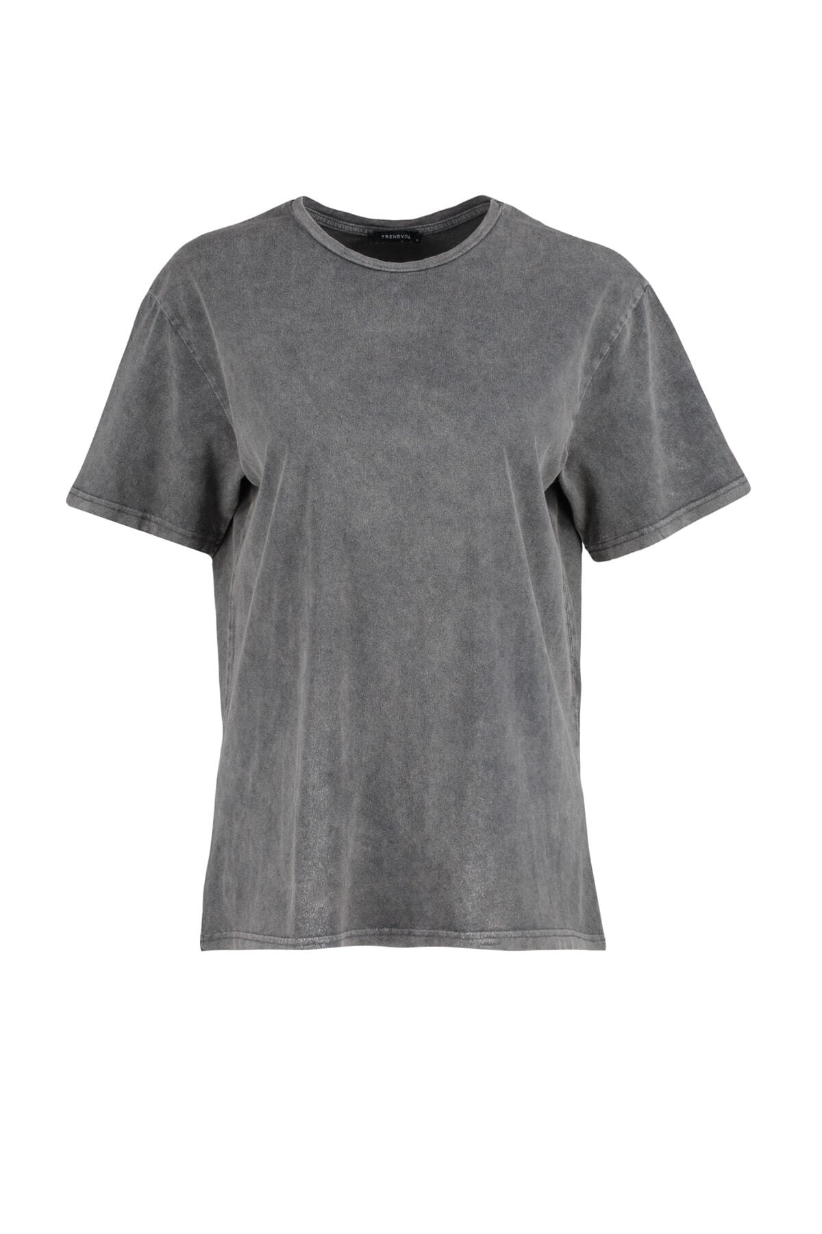 Trendyolmilla  Antrasit %100 Kalın Pamuklu Soluk Efektli Sırt Baskılı Boyfriend Örme T-Shirt TWOSS23TS00109 - Görsel 15