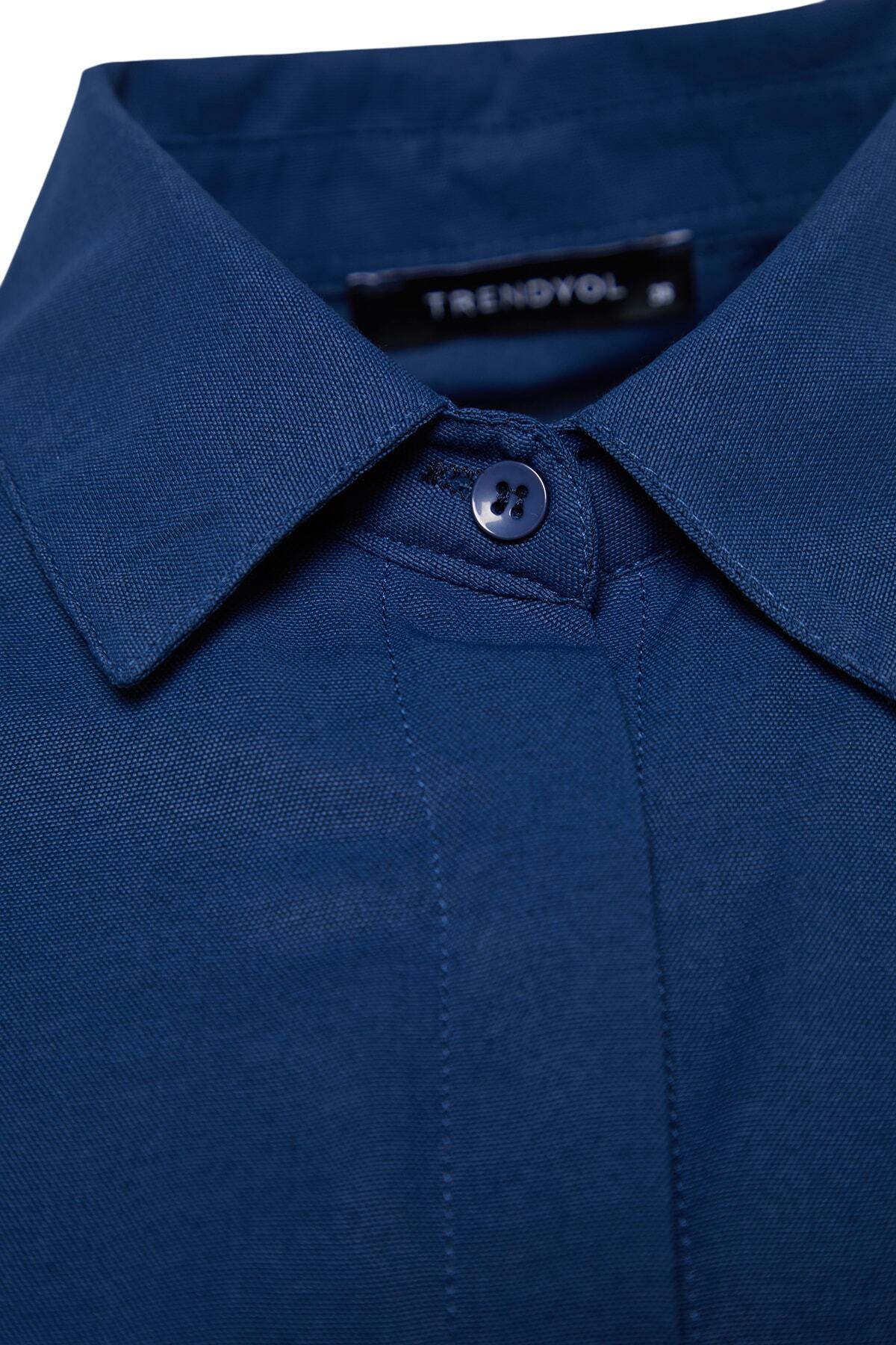 Trendyol Modest-Tkaná bavlněná košile Indigo Ruffle Denim Look TCTSS23TG00042 4