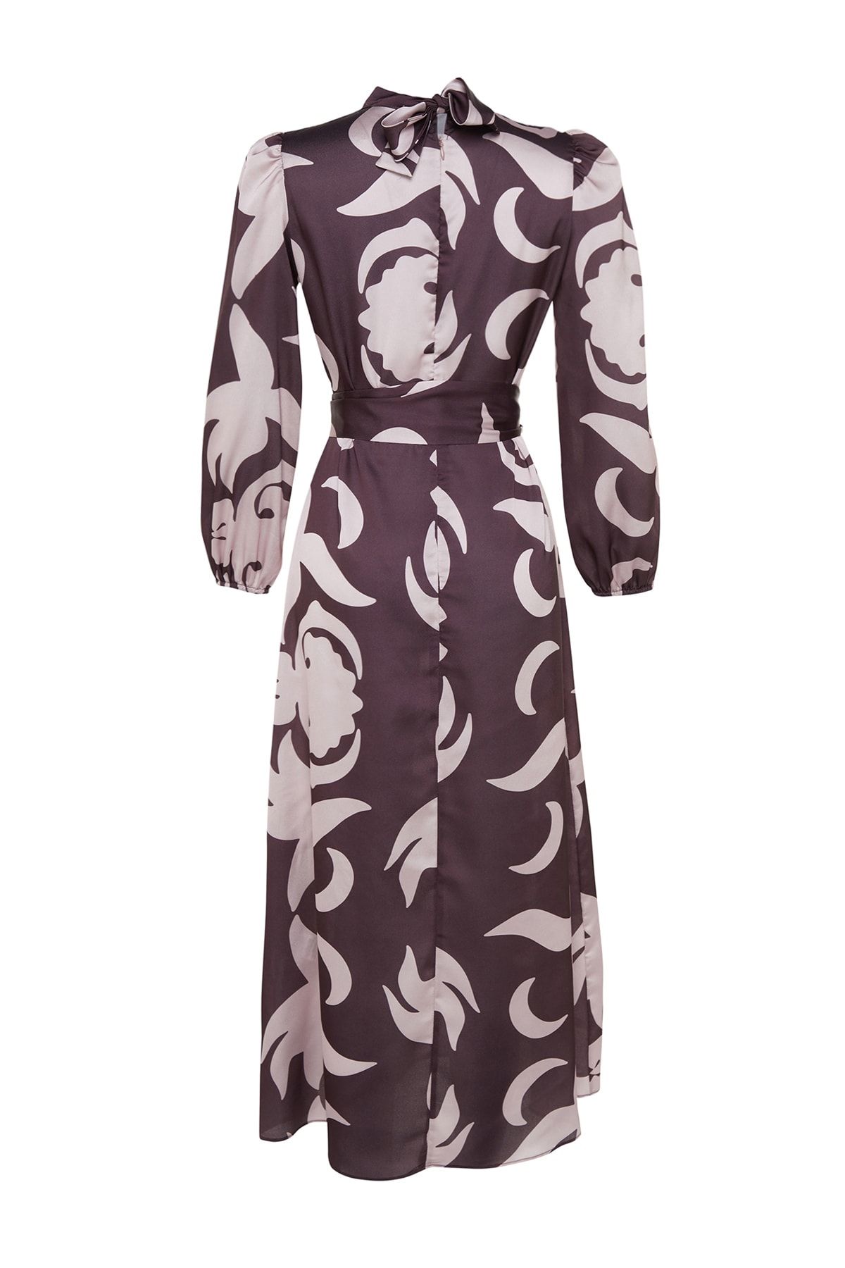 Trendyol Modest-Braunes Abendkleid mit Satin-Oberflächenmuster und Gürtel TCTSS23DB00030 8