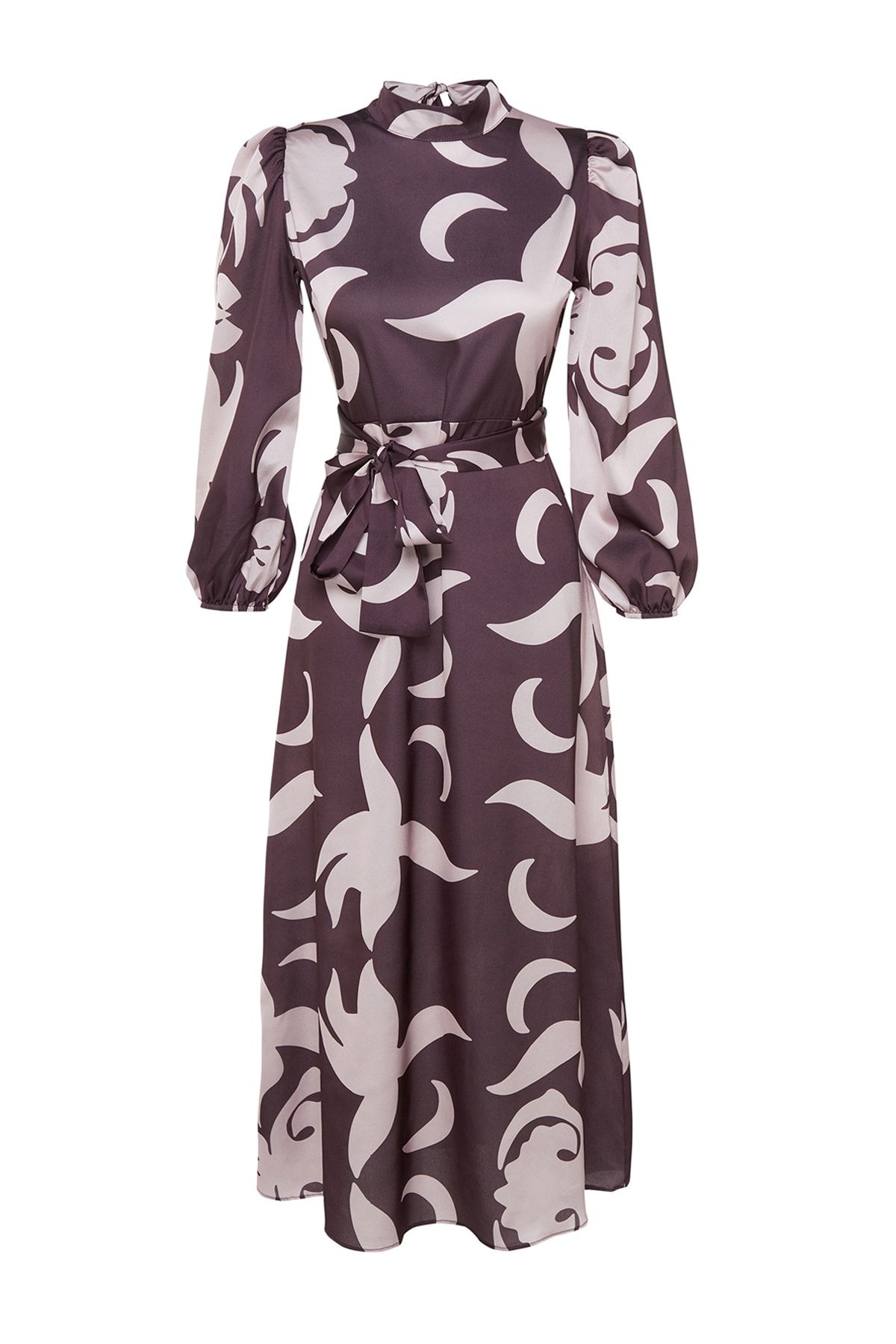 Trendyol Modest-Braunes Abendkleid mit Satin-Oberflächenmuster und Gürtel TCTSS23DB00030 6