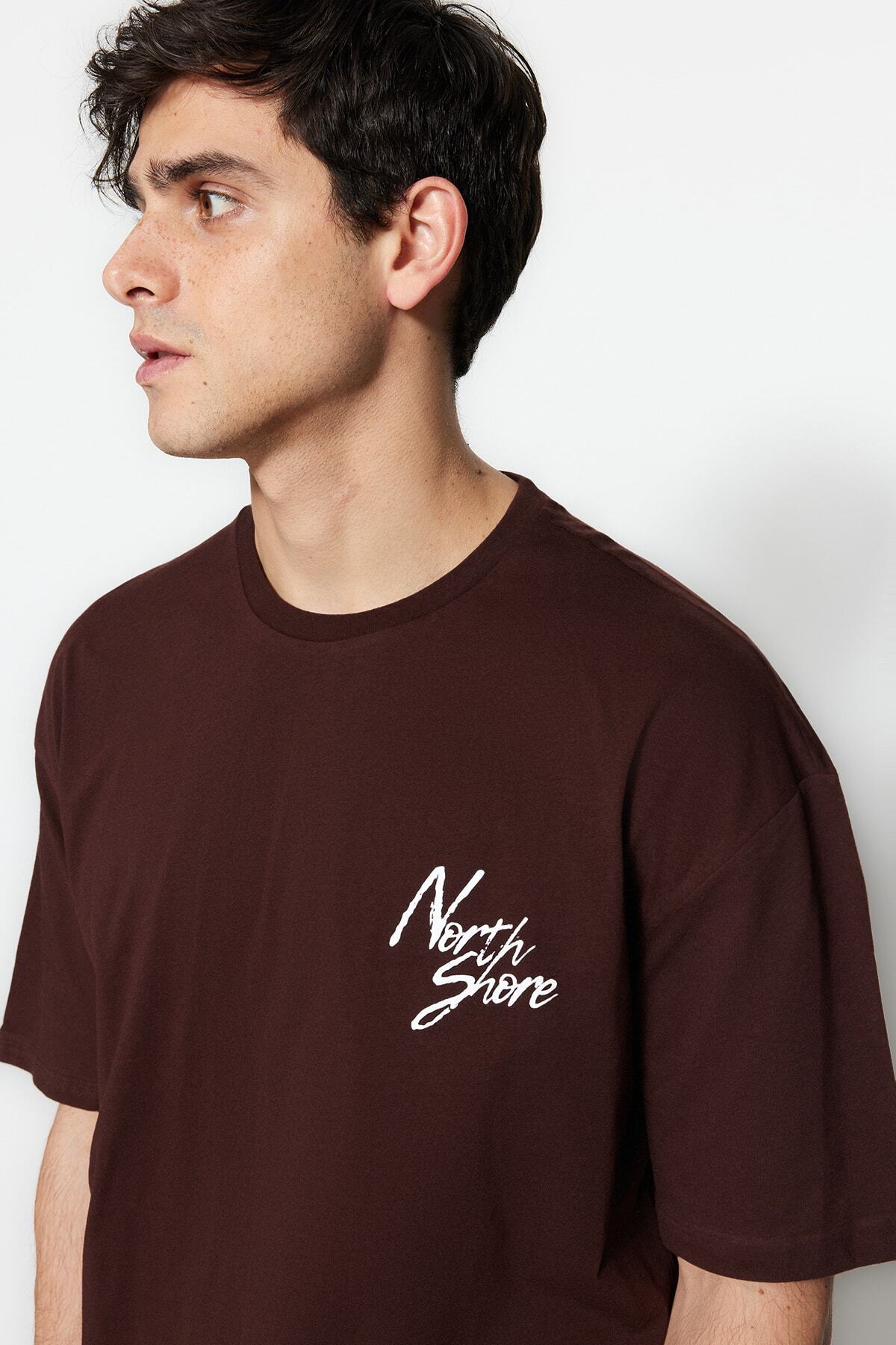 Trendyol Collection-Καφέ Oversize εμπριμέ βαμβακερό μπλουζάκι - TMNSS20TS1099 3