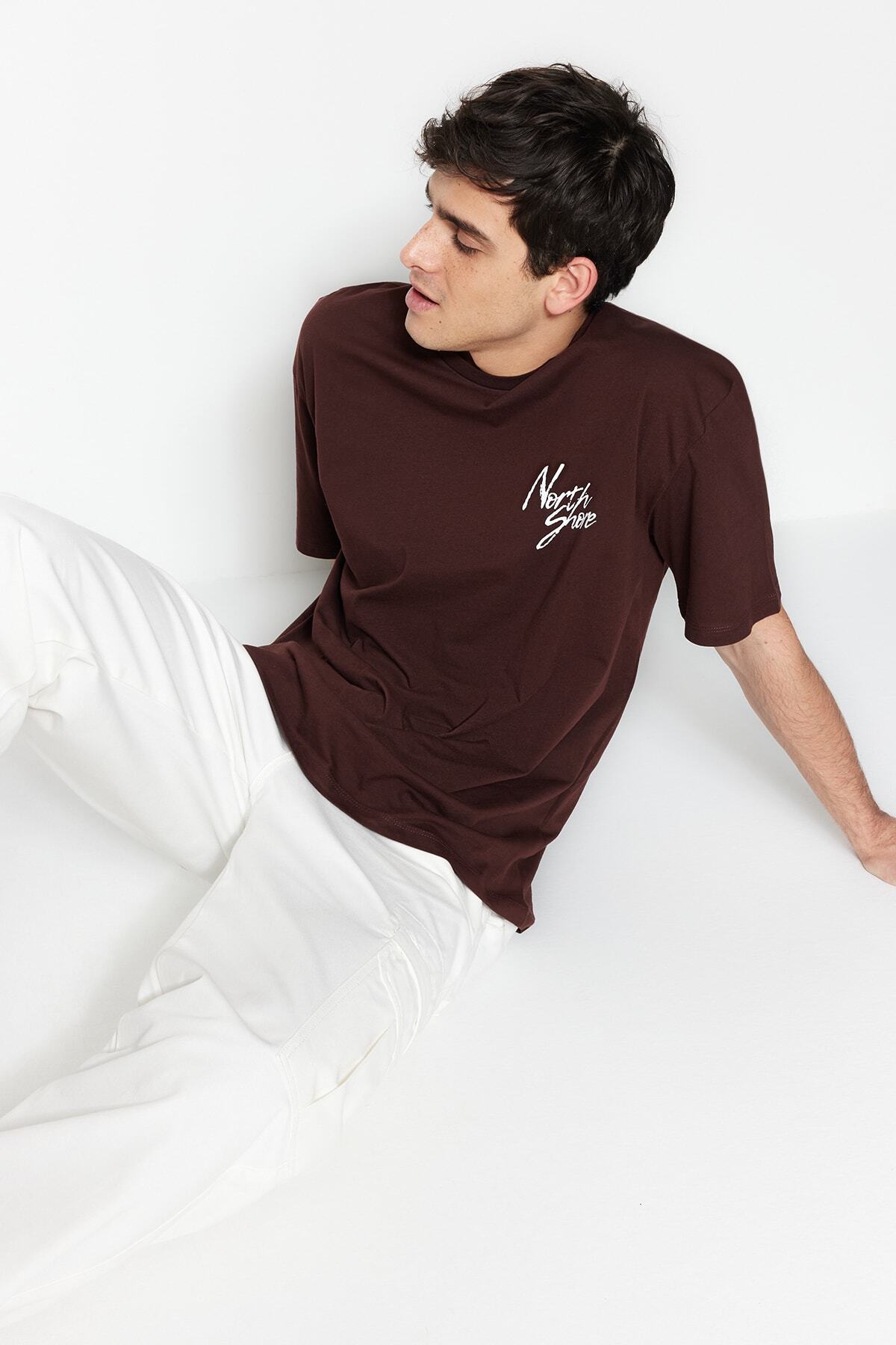 Trendyol Collection-Καφέ Oversize εμπριμέ βαμβακερό μπλουζάκι - TMNSS20TS1099 5