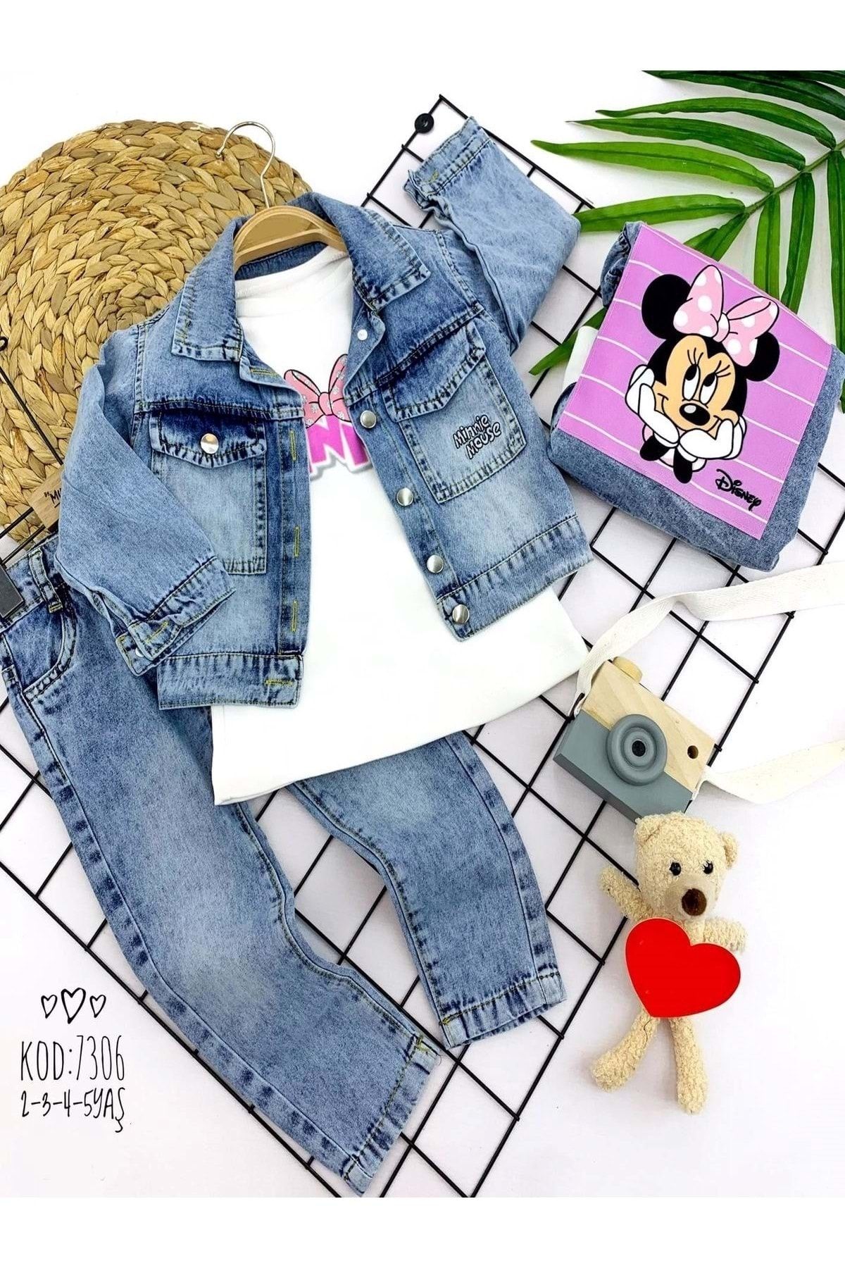 Dnzc 2-3-4-5 Yaş Mickey Sırt Baskılı Kot Ceket Ve Pantolon 3 Lü Kız Çocuk Takımı