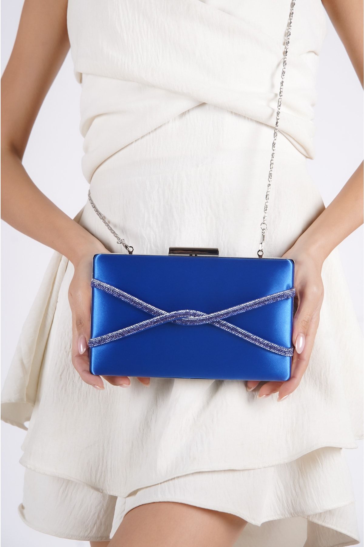 Moda Değirmeni-Blue Satin Women's Cross Stone Evening Bag Bg1123-310-0002 3
