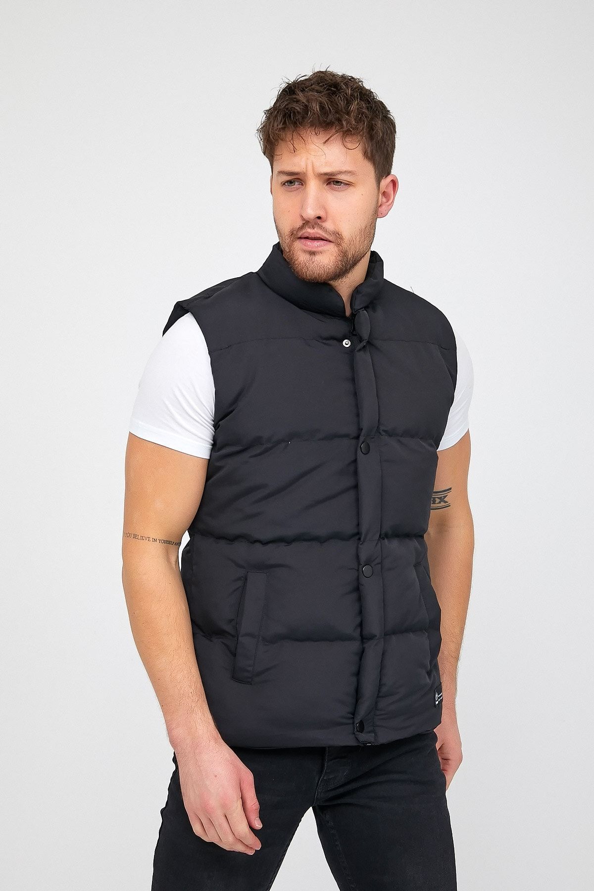 Shiny black puffer top vest
