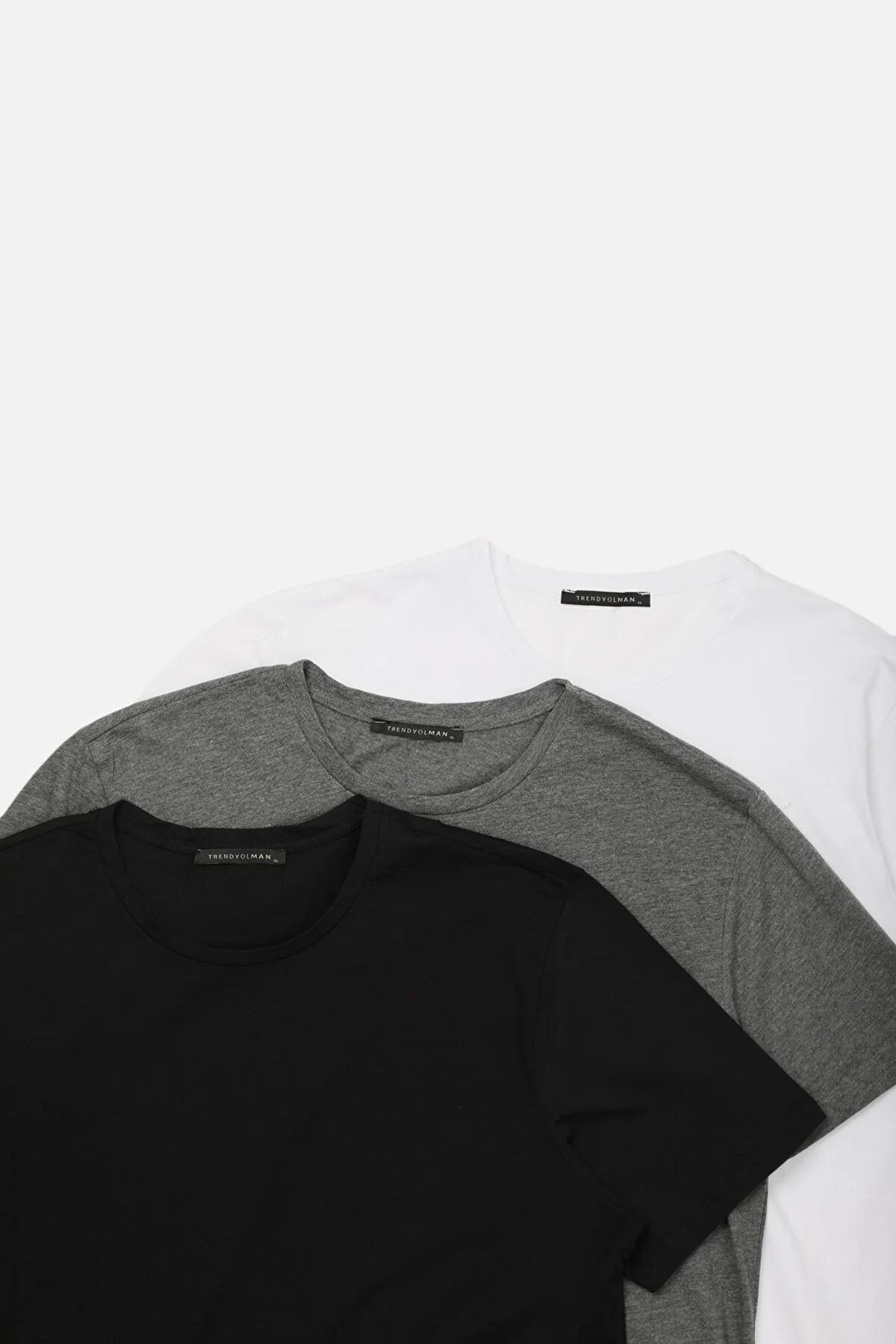 Trendyol Collection-Czarno-antracytowy melanż-biały T-shirt z okrągłym dekoltem, dopasowany/wąski krój, 100% bawełny, 3 sztuki Tmnss19Bo0007 5