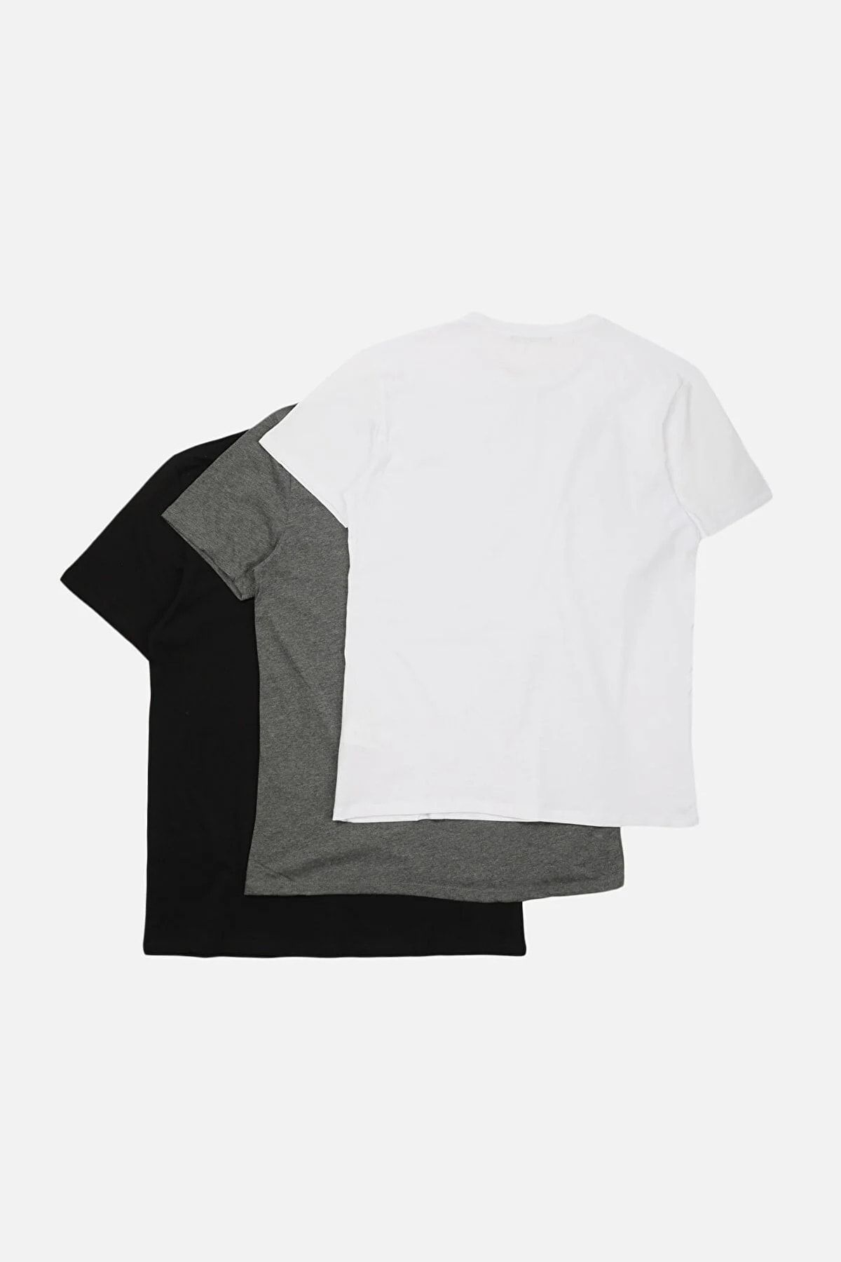 Trendyol Collection-Czarno-antracytowy melanż-biały T-shirt z okrągłym dekoltem, dopasowany/wąski krój, 100% bawełny, 3 sztuki Tmnss19Bo0007 3