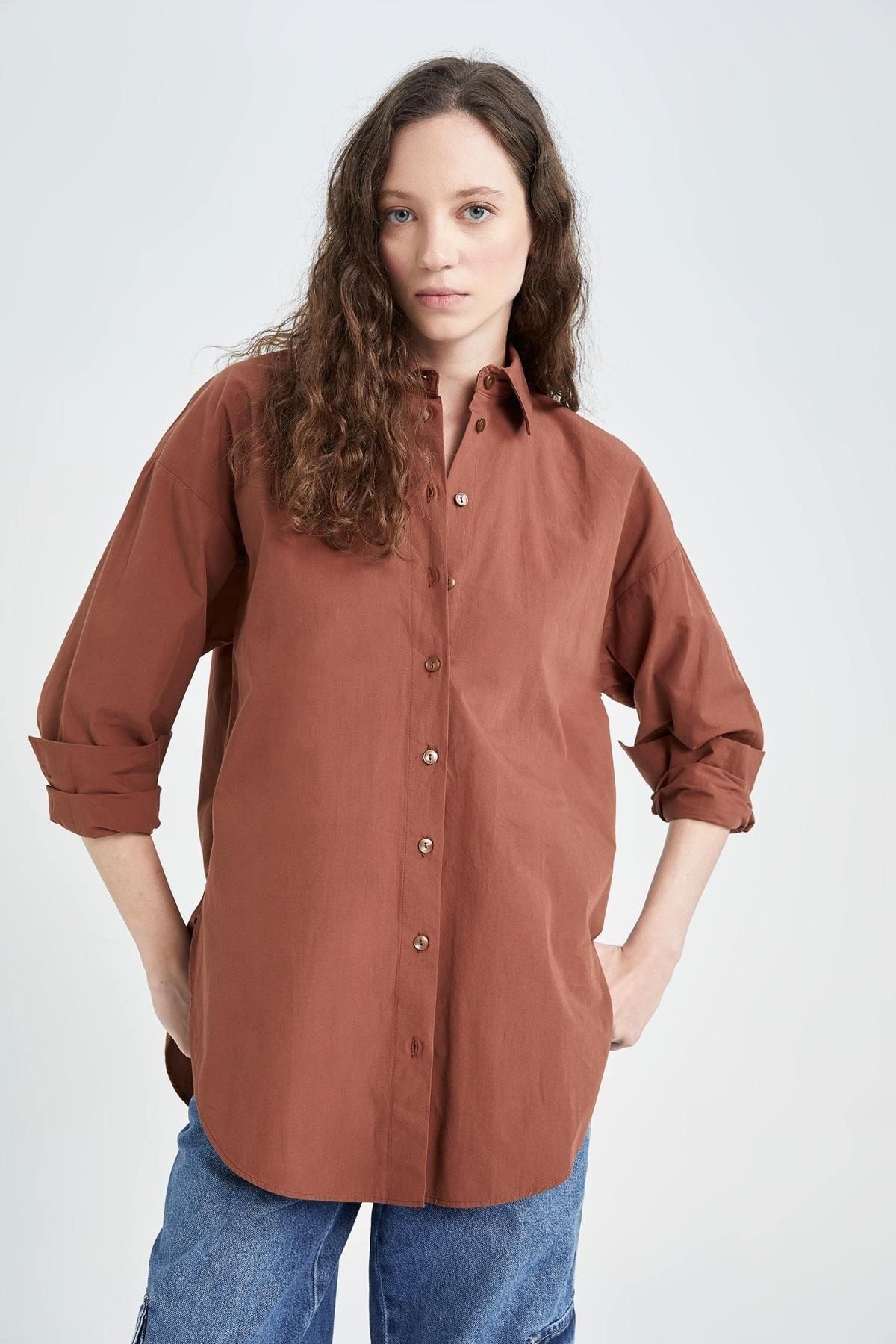 DeFacto-Oversize fit košeľový golier popelínový dlhý rukáv tunika zo 100 % bavlny 3