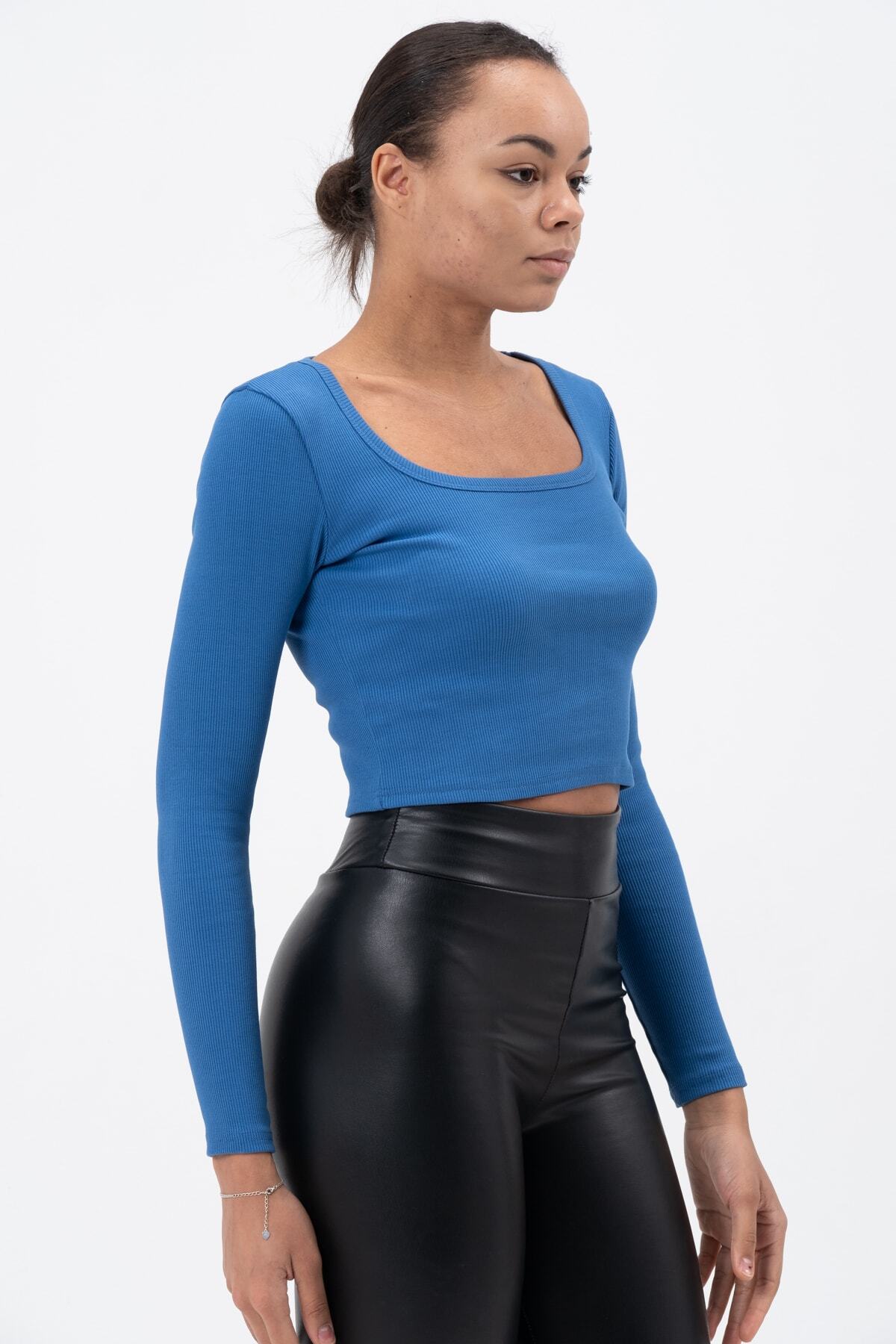 PUNKY CAT-Women's Blue Long Sleeve Square Neck Corded Blouse 4