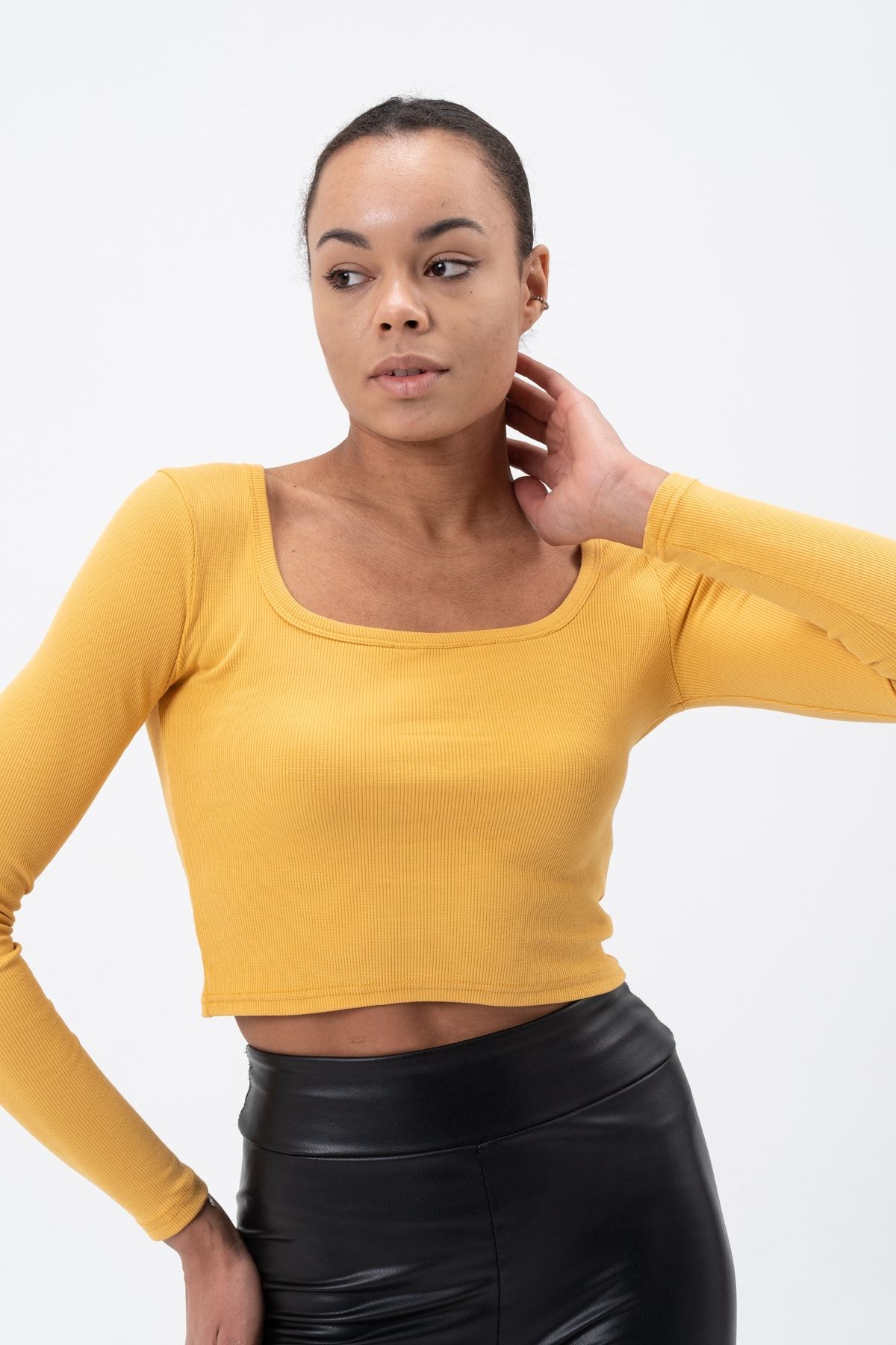 PUNKY CAT-Women's Yellow Long Sleeve Square Neck Corded Blouse 5