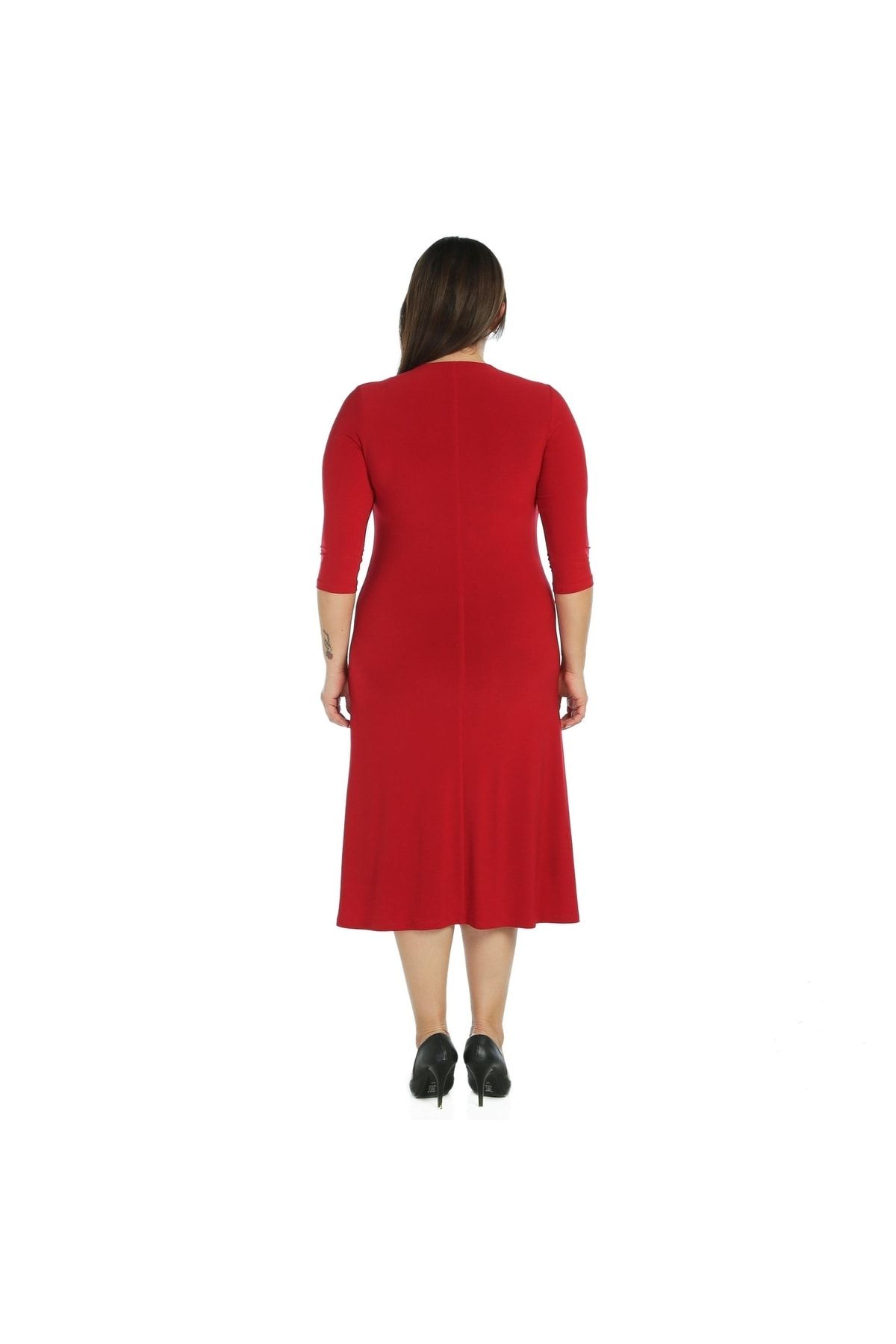 Nidya Moda-Women's Red Stone Embroidered Tulle Combination Evening Dress 4089K 3