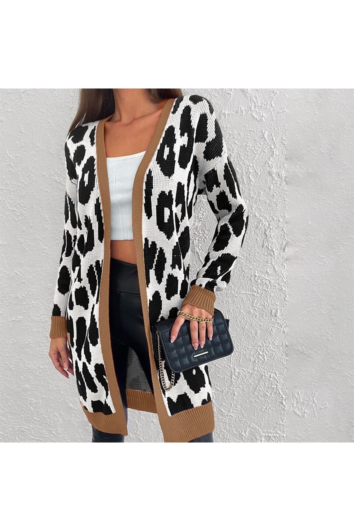 AQE FASHION Leopard Patterned Stripe Detailed Long Black White