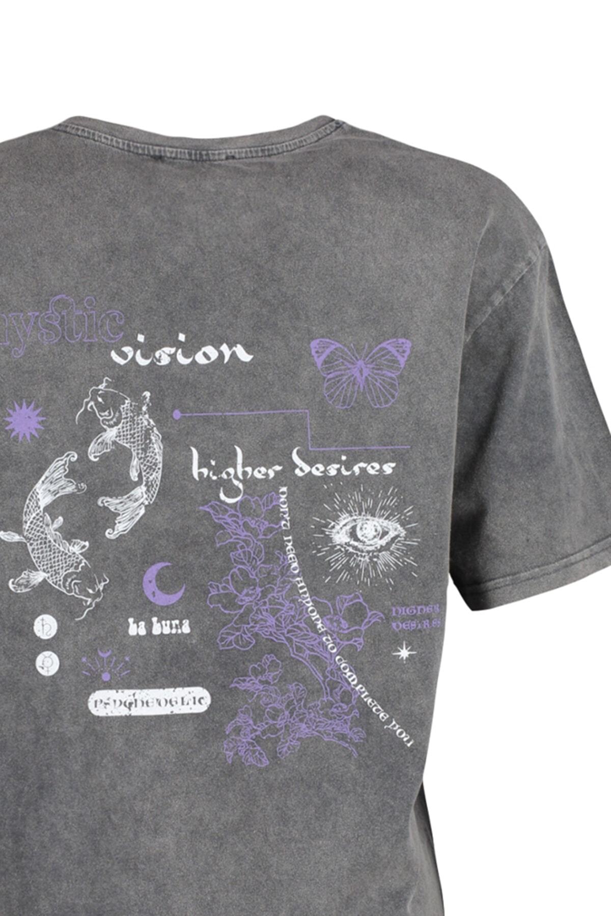 Trendyolmilla  Antrasit %100 Kalın Pamuklu Soluk Efektli Sırt Baskılı Boyfriend Örme T-Shirt TWOSS23TS00109 - Görsel 14