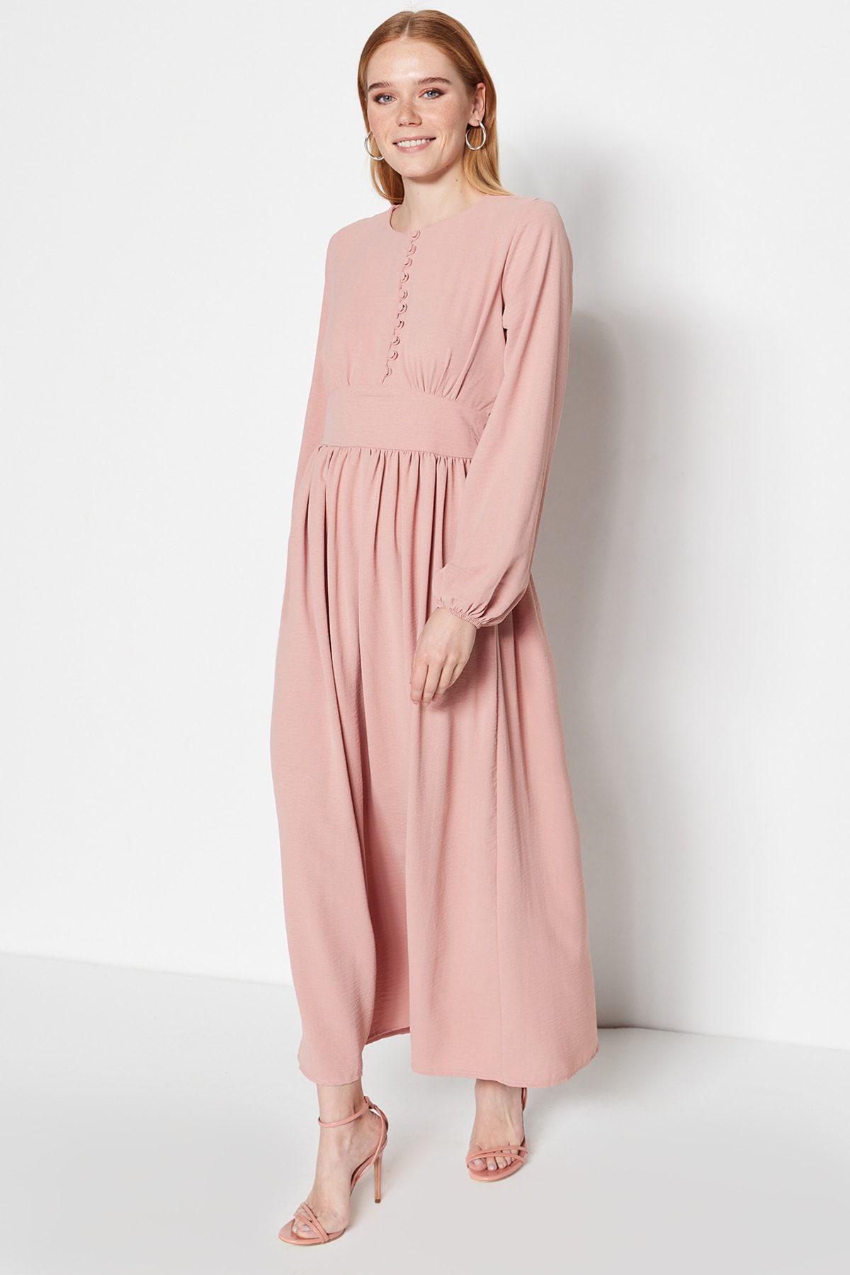Trendyol Modest-Corsaj de trandafiri uscat și rochie detaliată cu nasturi acoperite cu material Aerobin TCTSS23EB00254 2