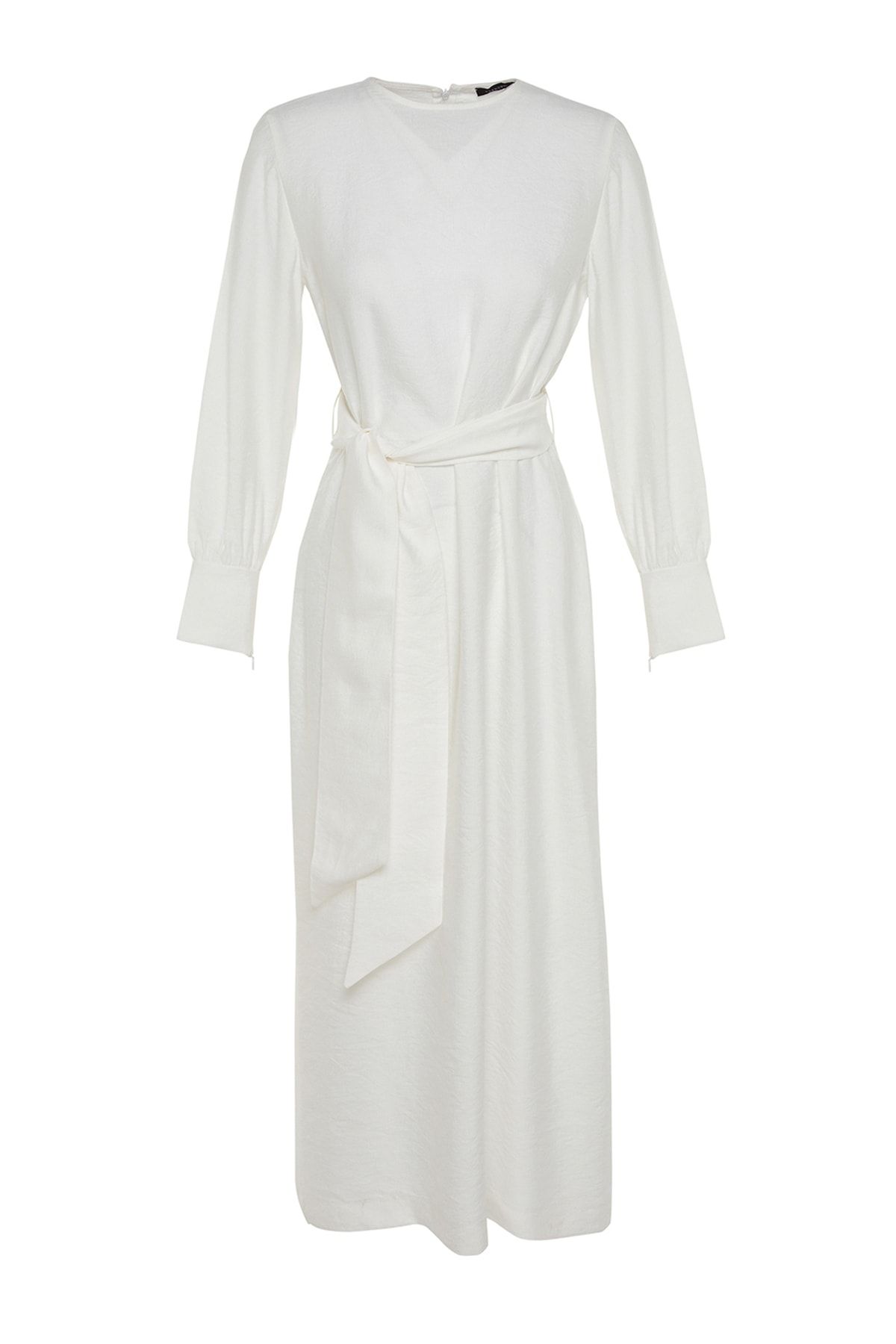 Trendyol Modest-Leinenstruktur – Weißes Kleid mit Reißverschluss und Gürtel TCTSS23EB00219 7
