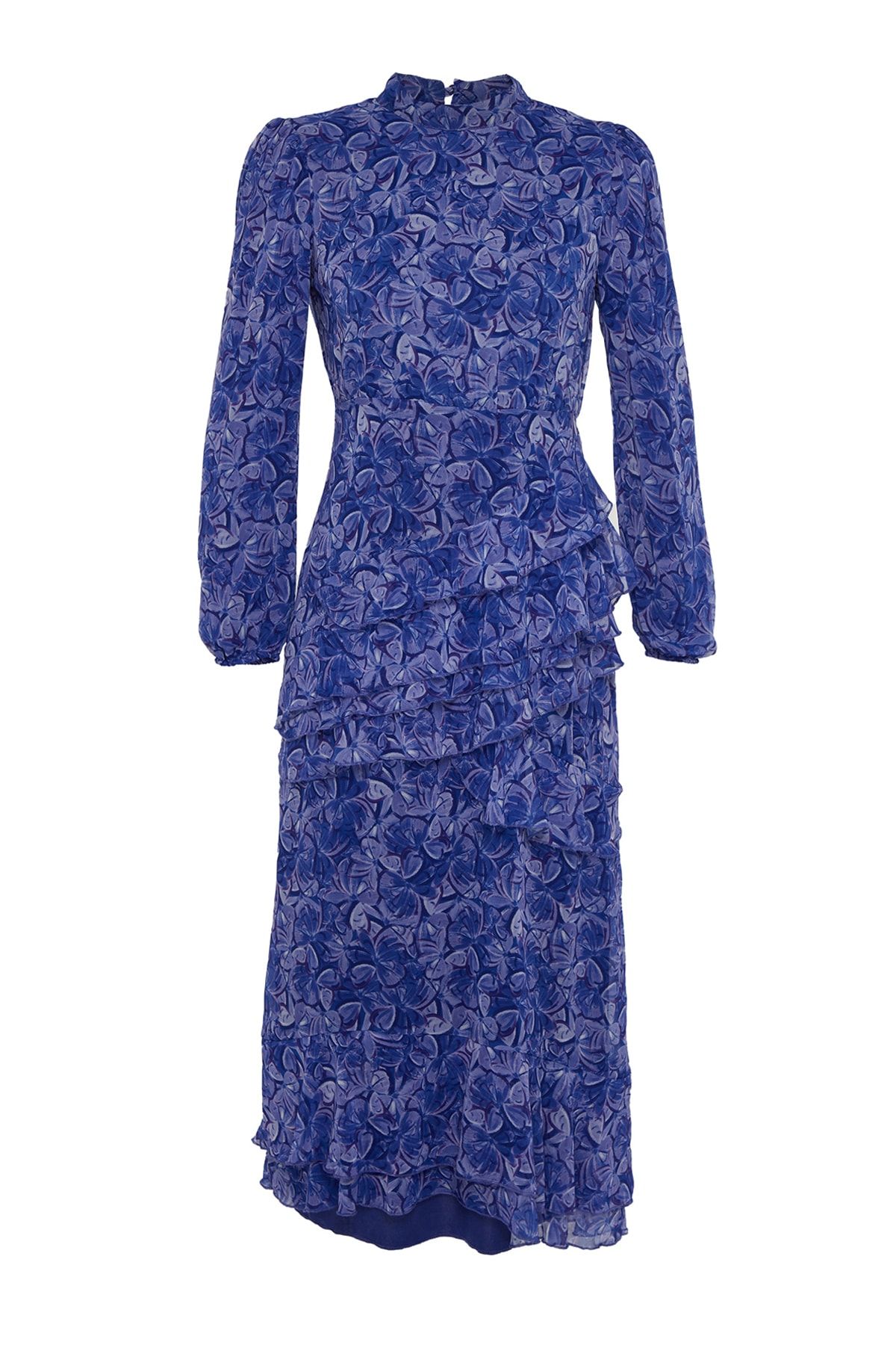 Trendyol Modest-Blue Floral Skirt Ruffle Lined Woven Chiffon Dress TCTSS23EB00160 6