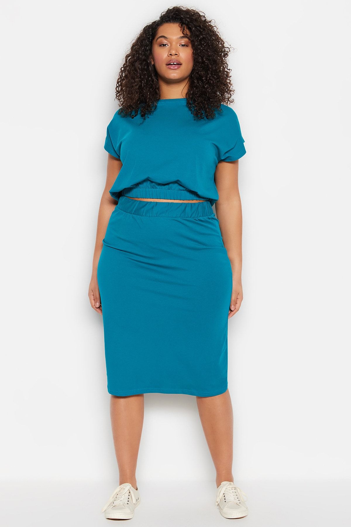 Trendyol Curve-Petrol Crew Neck Knitted Bottom-Top Set TBBSS22AU0003 4