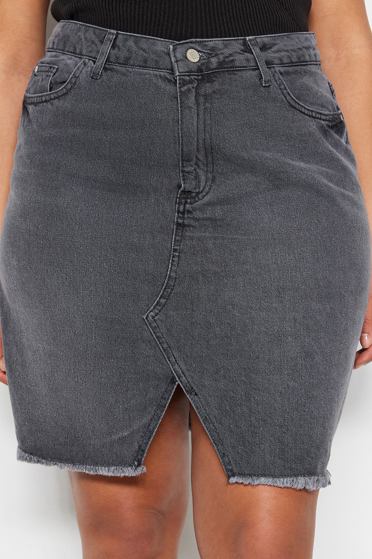 Trendyol Curve Gray High Waist Slit Denim Skirt TBBSS23AZ00006
