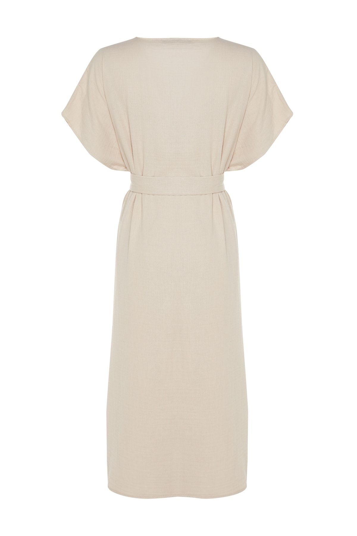 Trendyol Collection-Maxi Beige Belted Slit Muslin Beach Kimono - Tbess23Km00019 9