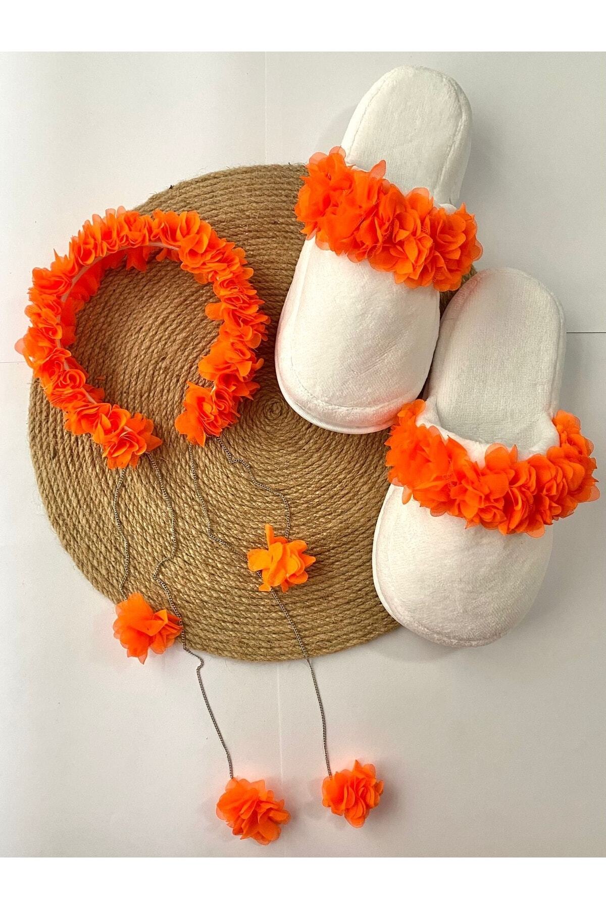 irembaby Anne Lohusa Seti Turuncu Sarkan Küpeli Çiçekli Lohusa Tacı Ve Terlik Lohusa Takımı