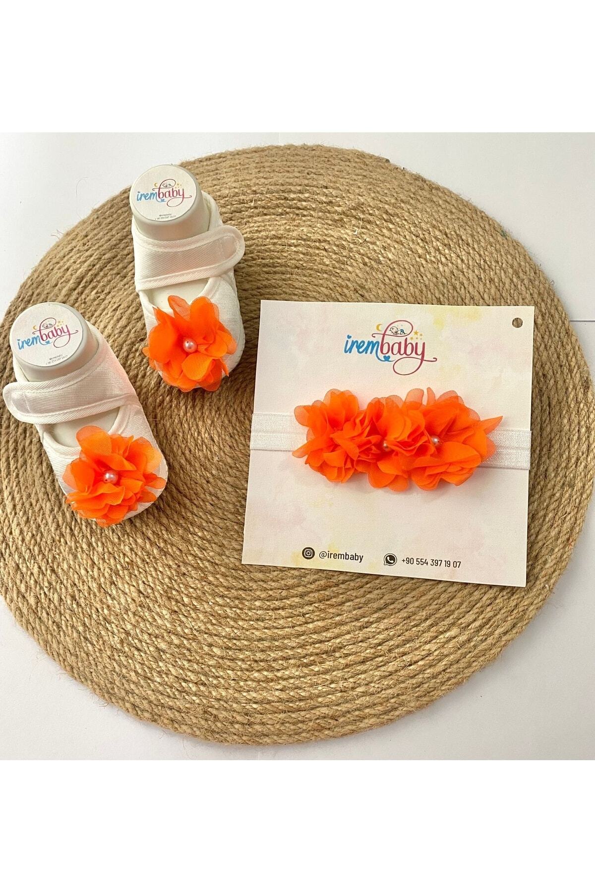 irembaby Bebek Lohusa Seti Turuncu Çiçekli Bebek Ayakkabısı Ve Bebek Saç Bandı Lohusa Takımı Çekim-mevlüt fotoğrafı 2 (önizleme)