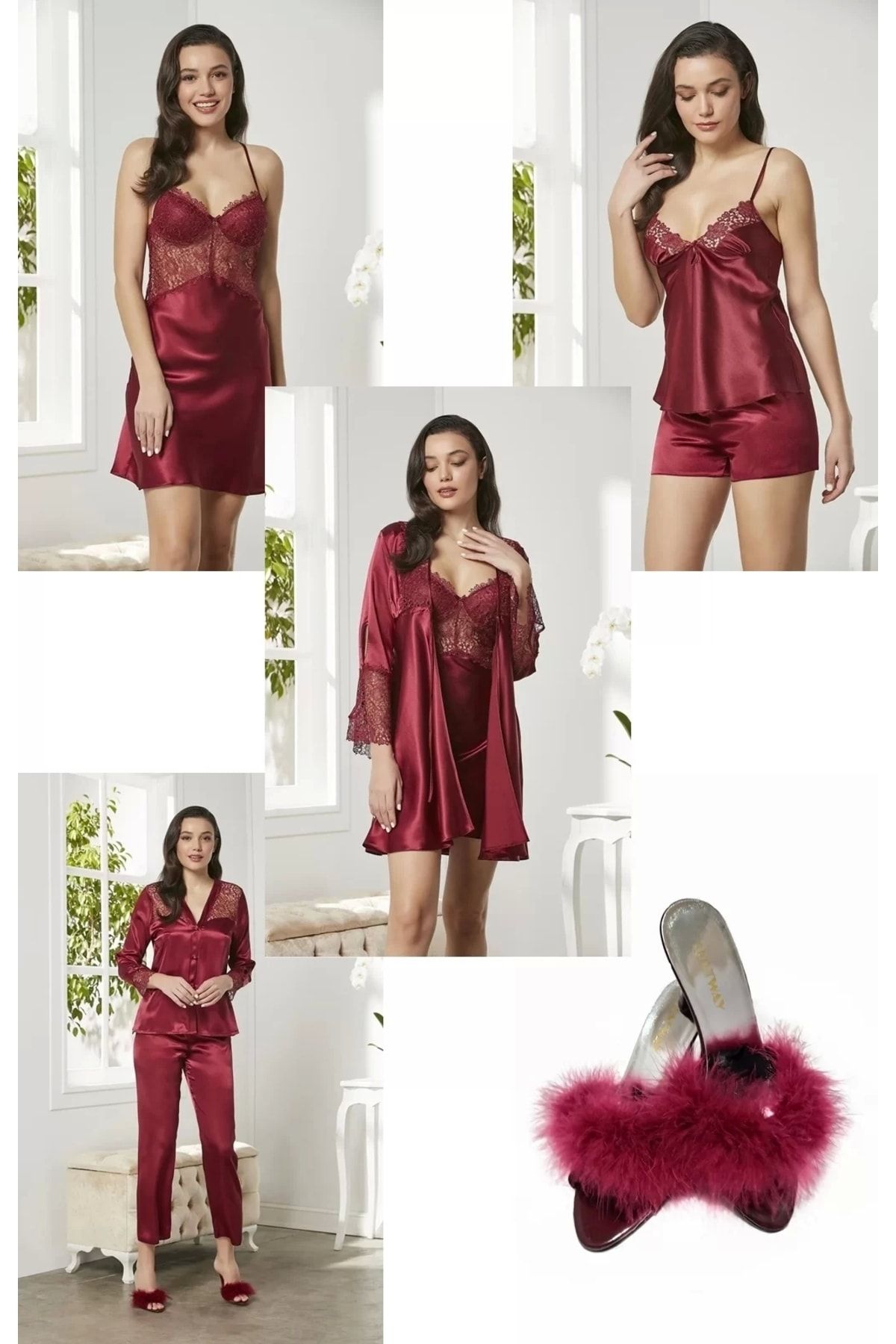 Pierre Cardin Kadın Saten Altılı Çeyiz Seti Terlik Hediyeli