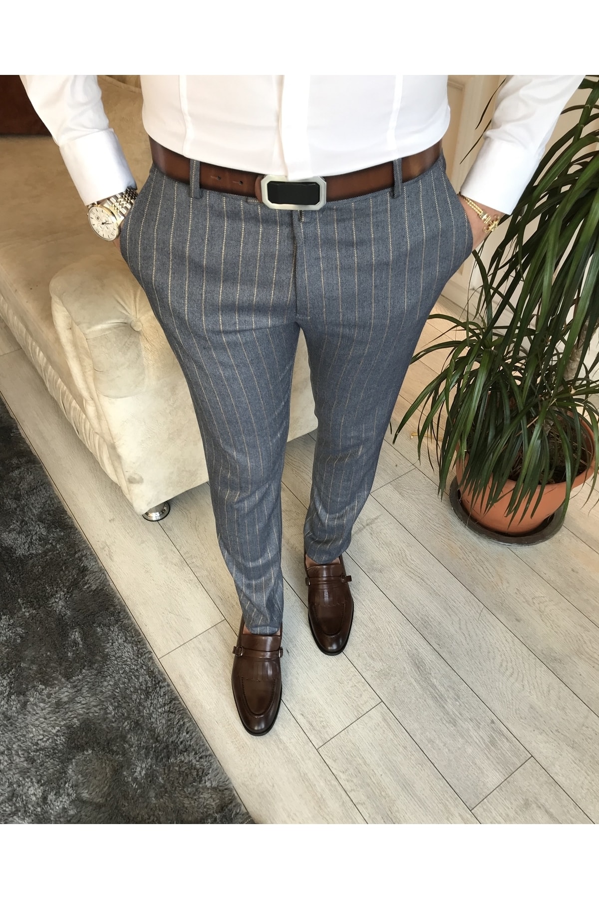 TerziAdemAltun Italyan Stil Slim Fit Erkek Kumaş Pantolon Çizgili Mavi T6180