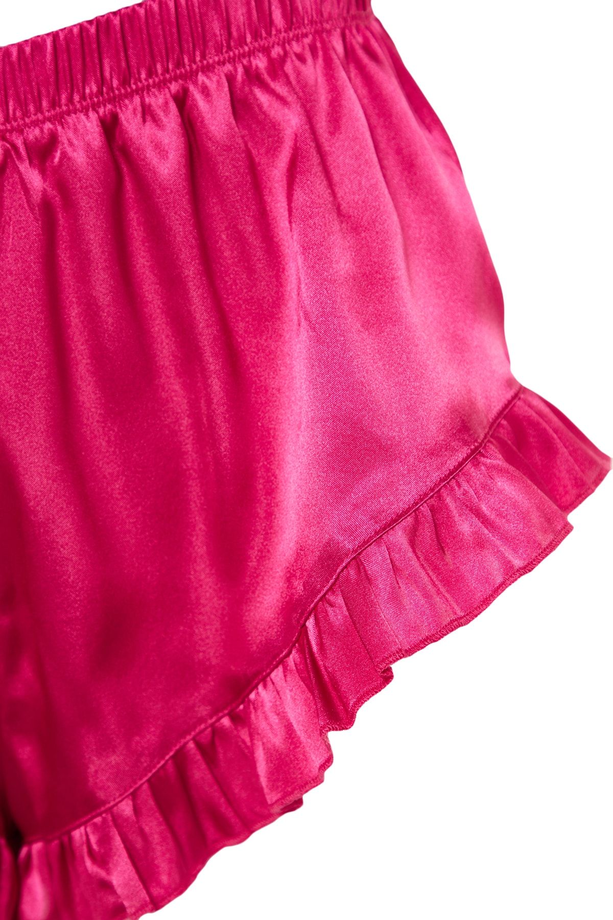 Trendyol Collection-Gewebtes Pyjama-Set mit Fuchsia-Rüschen und Satin-Shorts mit Rüschenträgern auf der Rückseite THMSS23PT00048 10