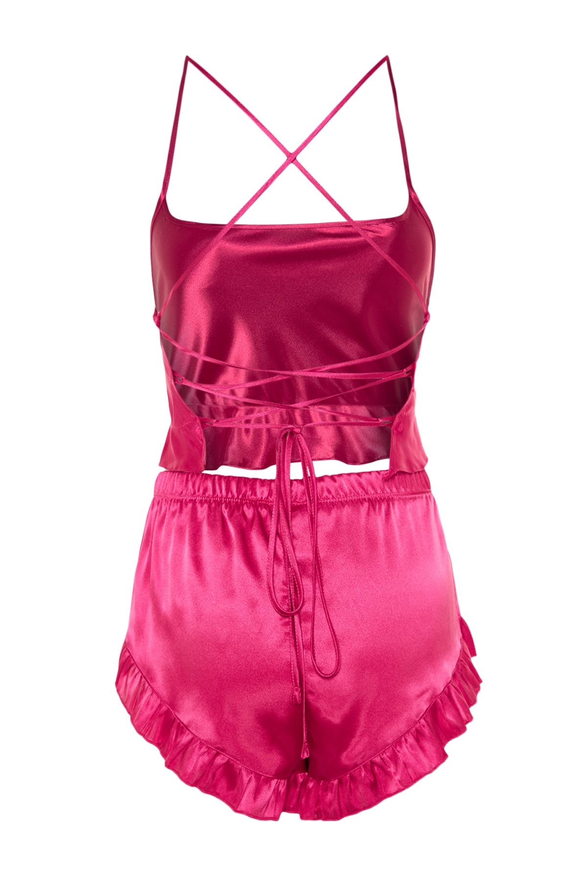 Trendyol Collection-Gewebtes Pyjama-Set mit Fuchsia-Rüschen und Satin-Shorts mit Rüschenträgern auf der Rückseite THMSS23PT00048 11