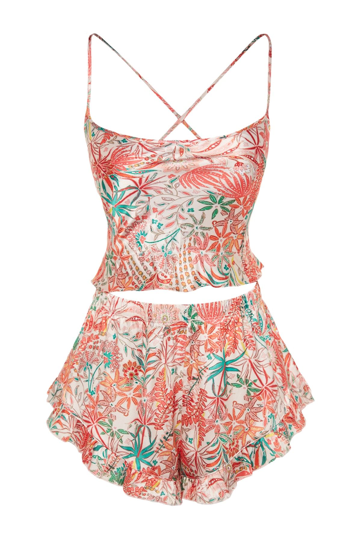 Trendyol Collection-Woven Pajamas Set with Multicolor Floral Ruffles and Back String Satin Shorts Thmss23Pt00048 9
