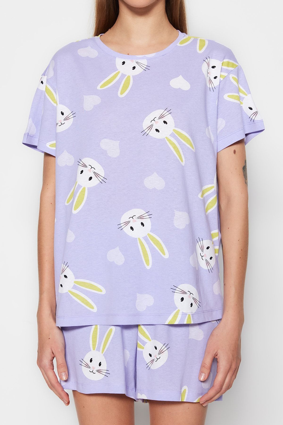 Trendyol Collection-Set pyžama se vzorem srdce Lilac Bavlna Rabbit - Tričko a šortky THMSS23PT00005 5