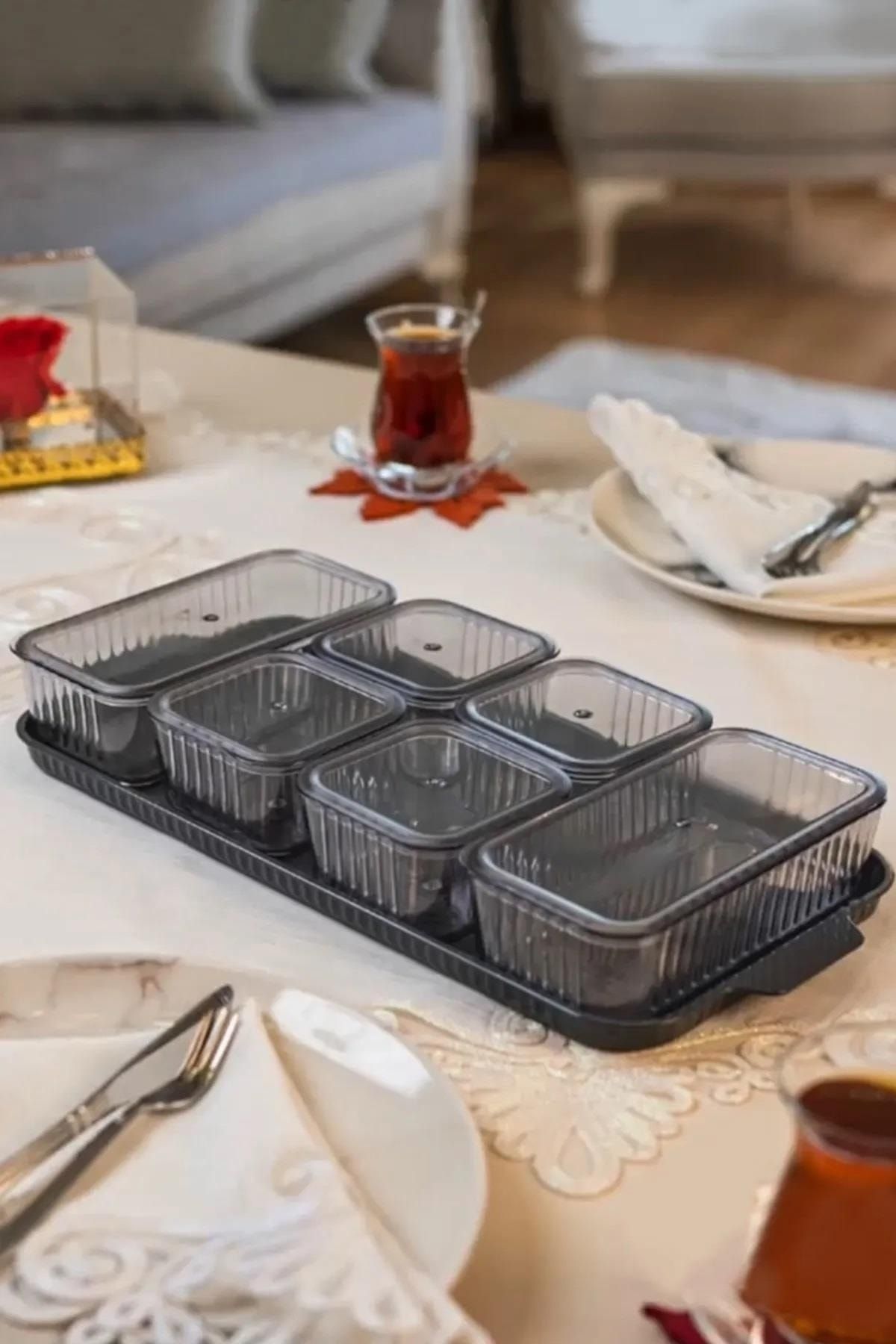 ORSA HOME-6 Compartment Covered Tray Striped Pattern Luxury Breakfast Modern Presentation Set and Storage Container 5