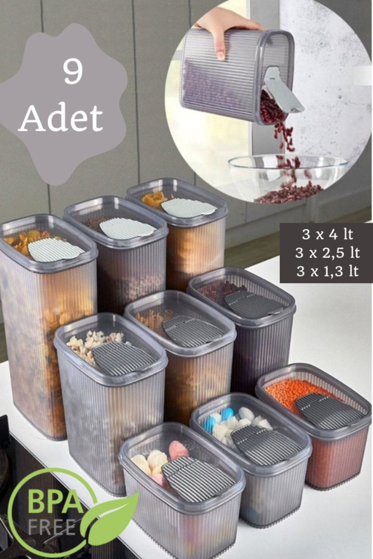 LİGROUND-9-Piece Acrylic Practical Covered Shell Design Food Storage Container (1.3 Lt - 2.5 Lt - 4 Lt) 1
