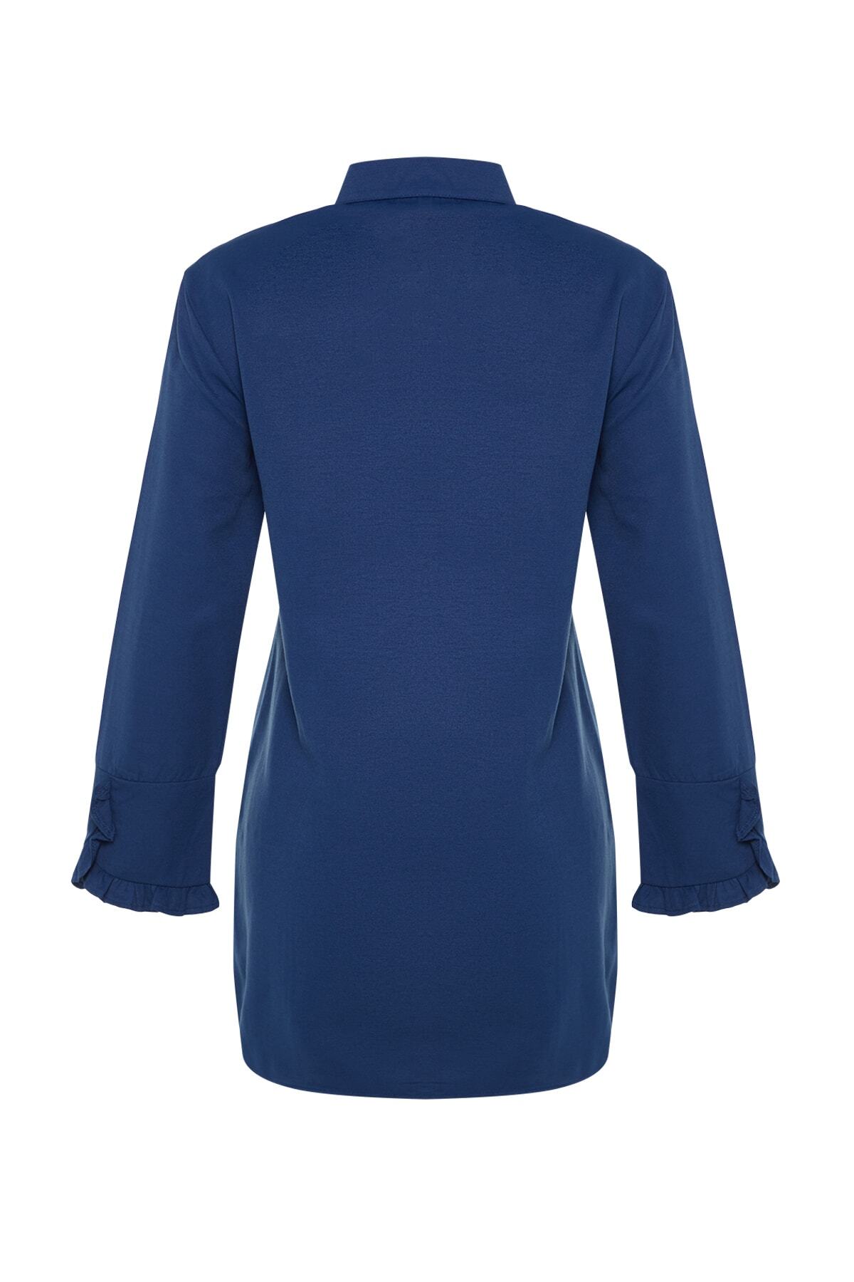 Trendyol Modest-Tkaná bavlněná košile Indigo Ruffle Denim Look TCTSS23TG00042 6
