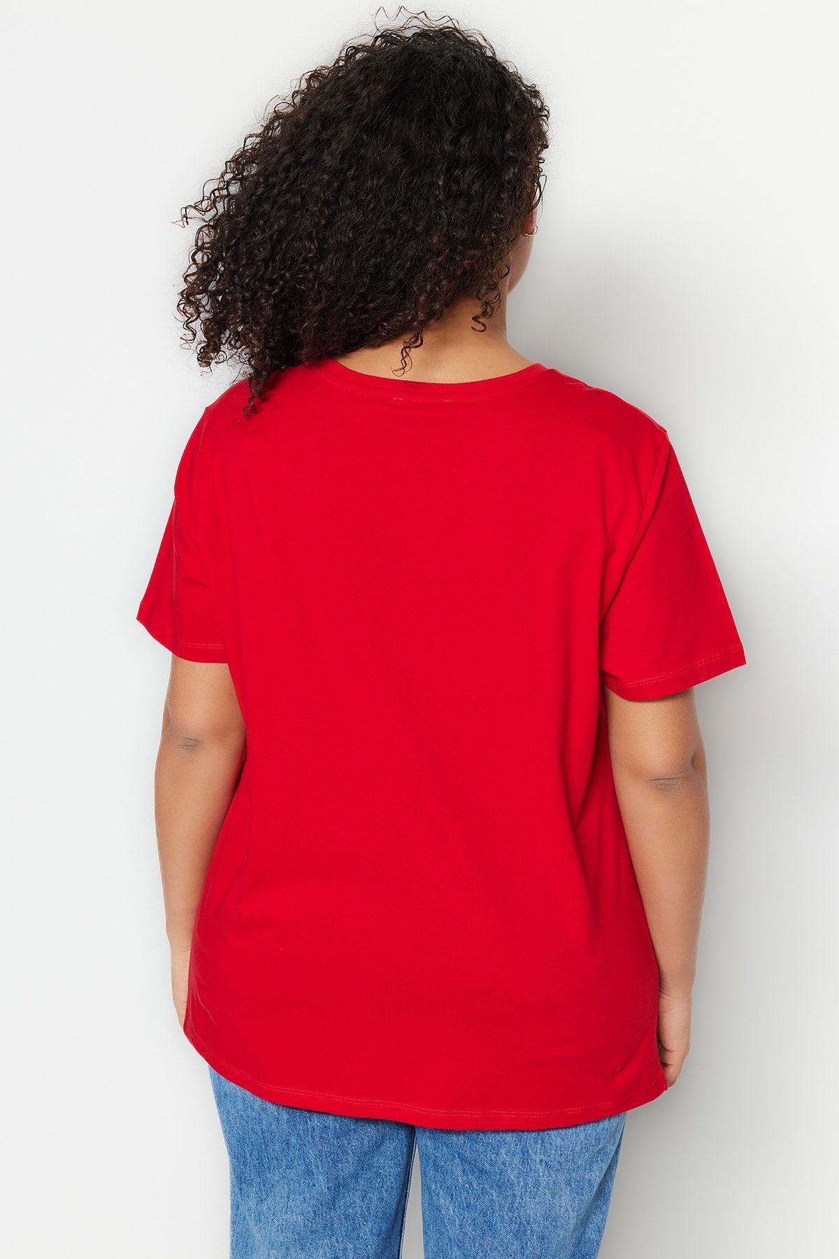 Trendyol Curve-Červené tričko Crew Neck 100% bavlna Plus Size - Slogan Print Tbbss23Bf00022 6