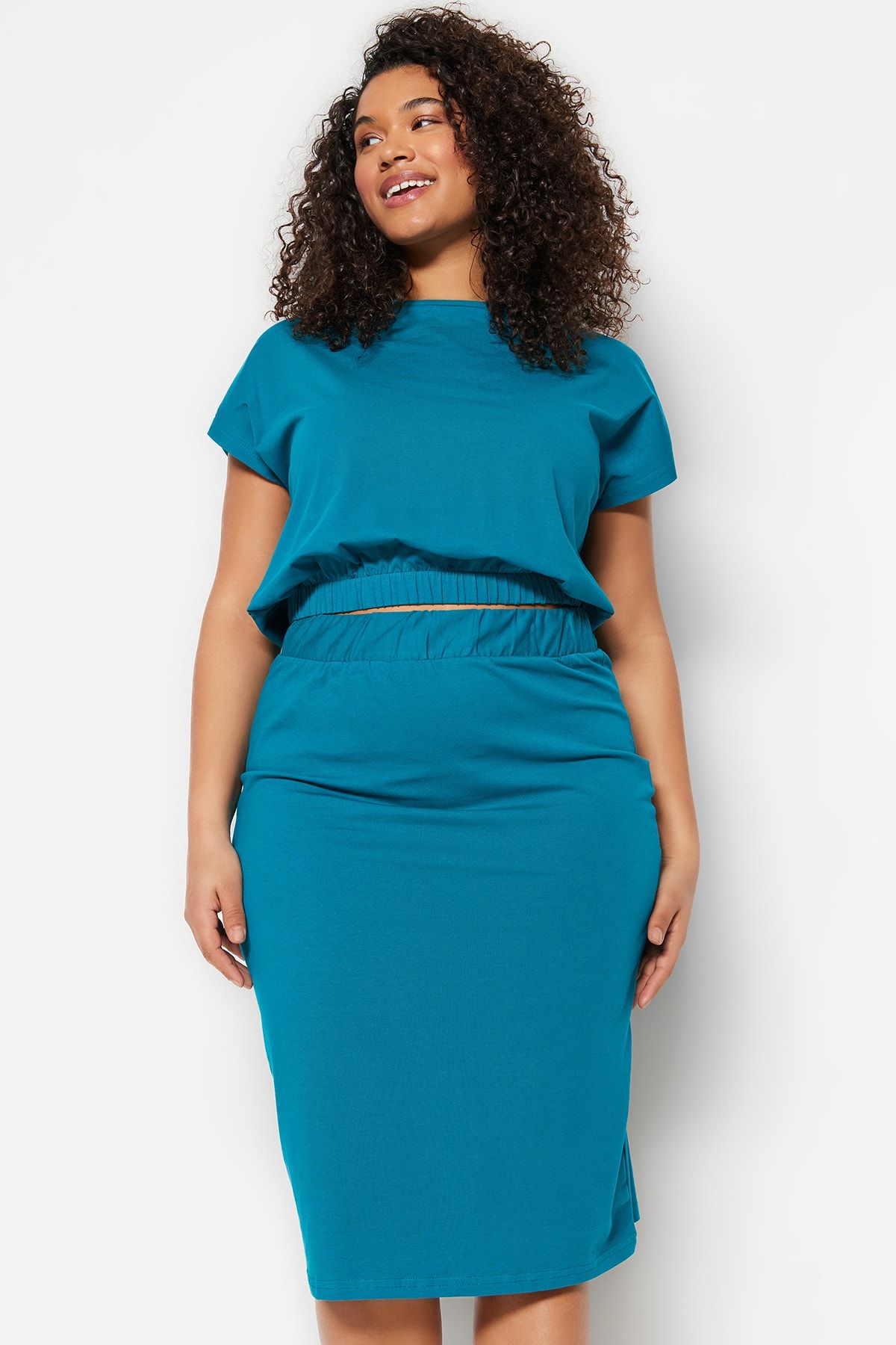 Trendyol Curve-Petrol Crew Neck Knitted Bottom-Top Set TBBSS22AU0003 2