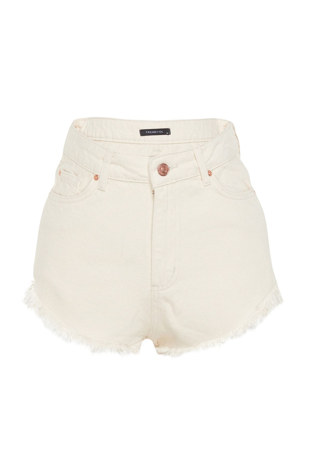 Trendyol Collection-Ecru Denim Tassel Beach Shorts - 100% bawełna Tbess23Sr00029 6