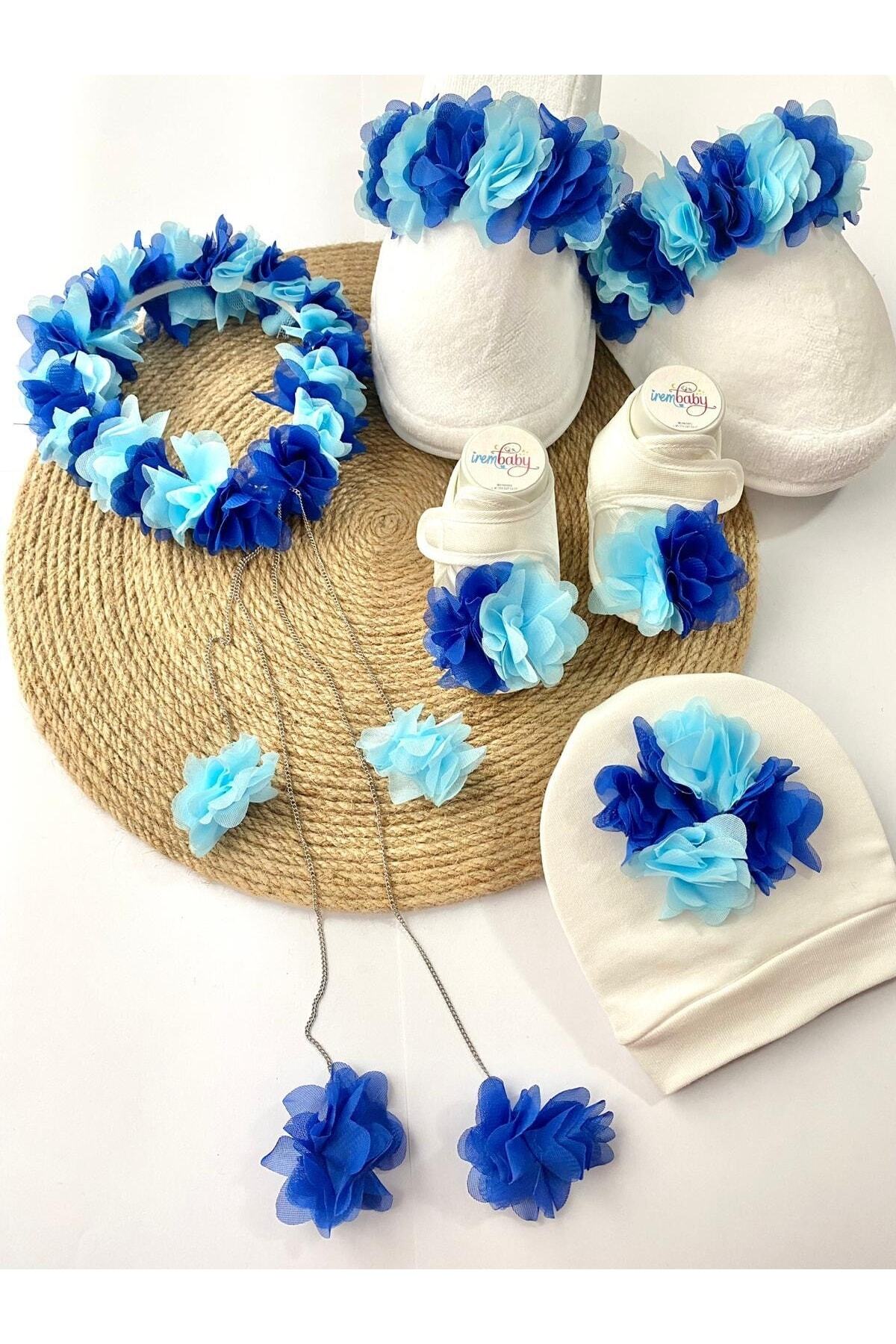 irembaby Anne Bebek Lohusa Seti Mavi Çiçekli Lohusa Tacı Terlik Bebek Ayakkabı Ve Bebek Şapkası Lohusa Takımı fotoğrafı 2 (önizleme)