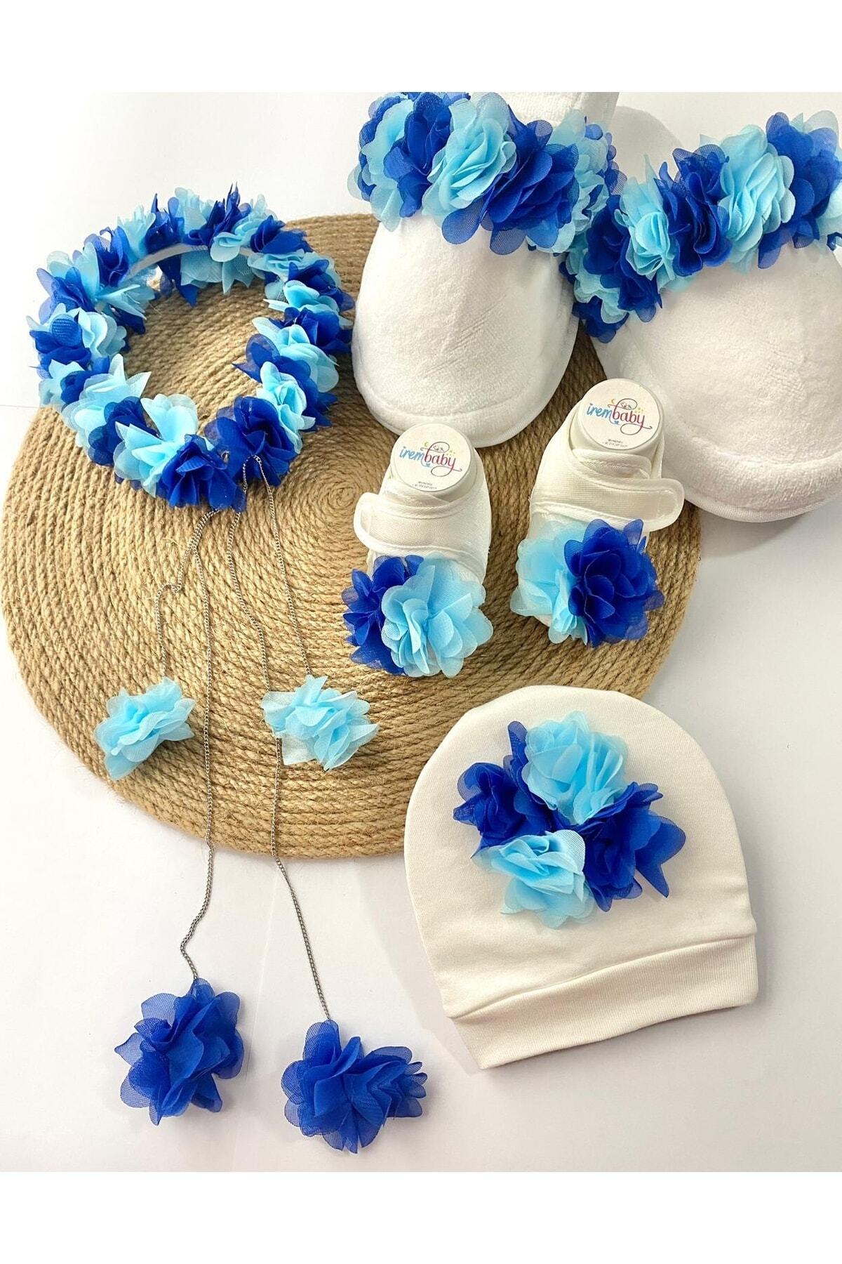 irembaby Anne Bebek Lohusa Seti Mavi Çiçekli Lohusa Tacı Terlik Bebek Ayakkabı Ve Bebek Şapkası Lohusa Takımı fotoğrafı 3 (önizleme)