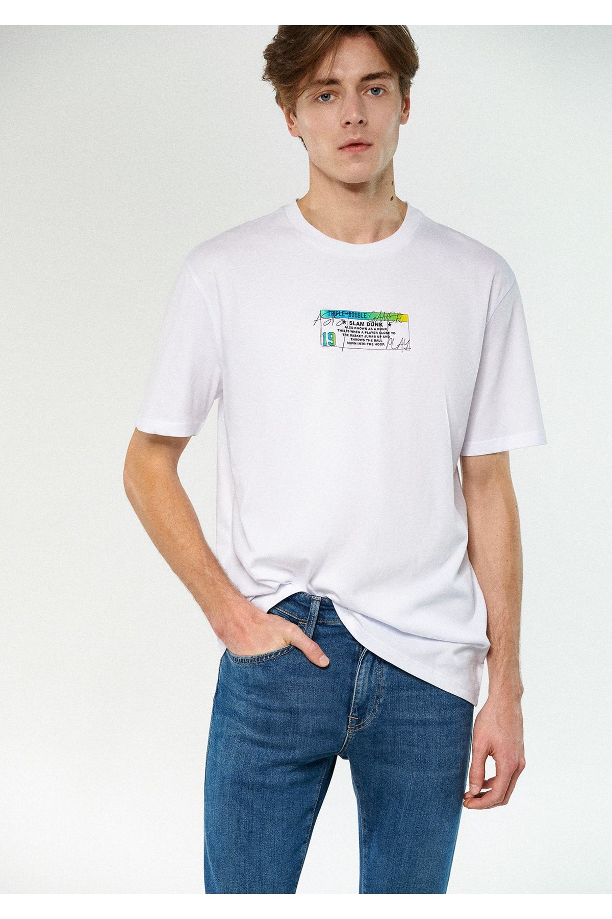 Mavi 91 تی شرت سفید چاپ شده تناسب / برش راحت و 0611106-620