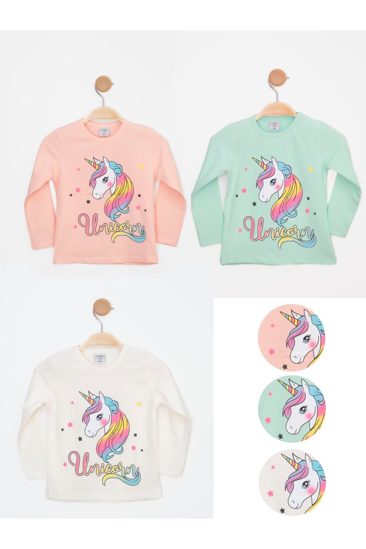 Kız Çocuk 3'lü Paket Çocuk Basic Örme Likralı Pamuklu Uzun Kollu Penye T-shirt